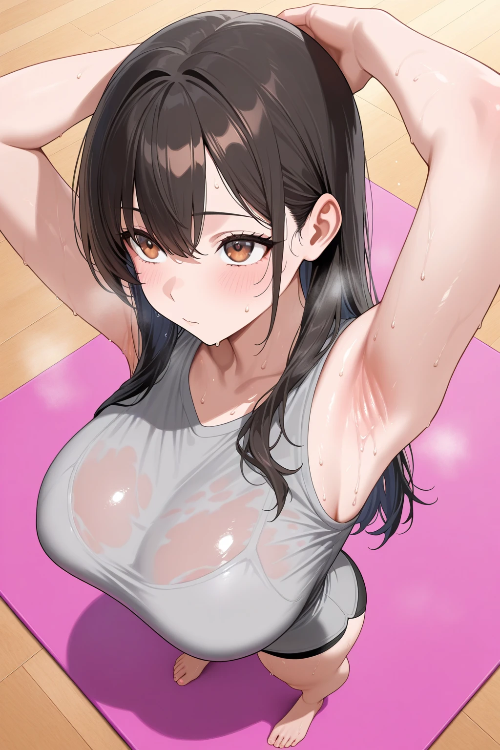 score_9, score_8_up, score_7_up, score_6_up, score_5_up, score_4_up, BREAK ,blunt bangs,Gray Hair,Yellow Eyes,ponytail,very big breasts,Sweaty,Sports bra,panties,Underboob,empty eye,Erect nipples,sagging breasts,,Bukkake,Facial,cameltoe,Abdominal muscles,Sunburn