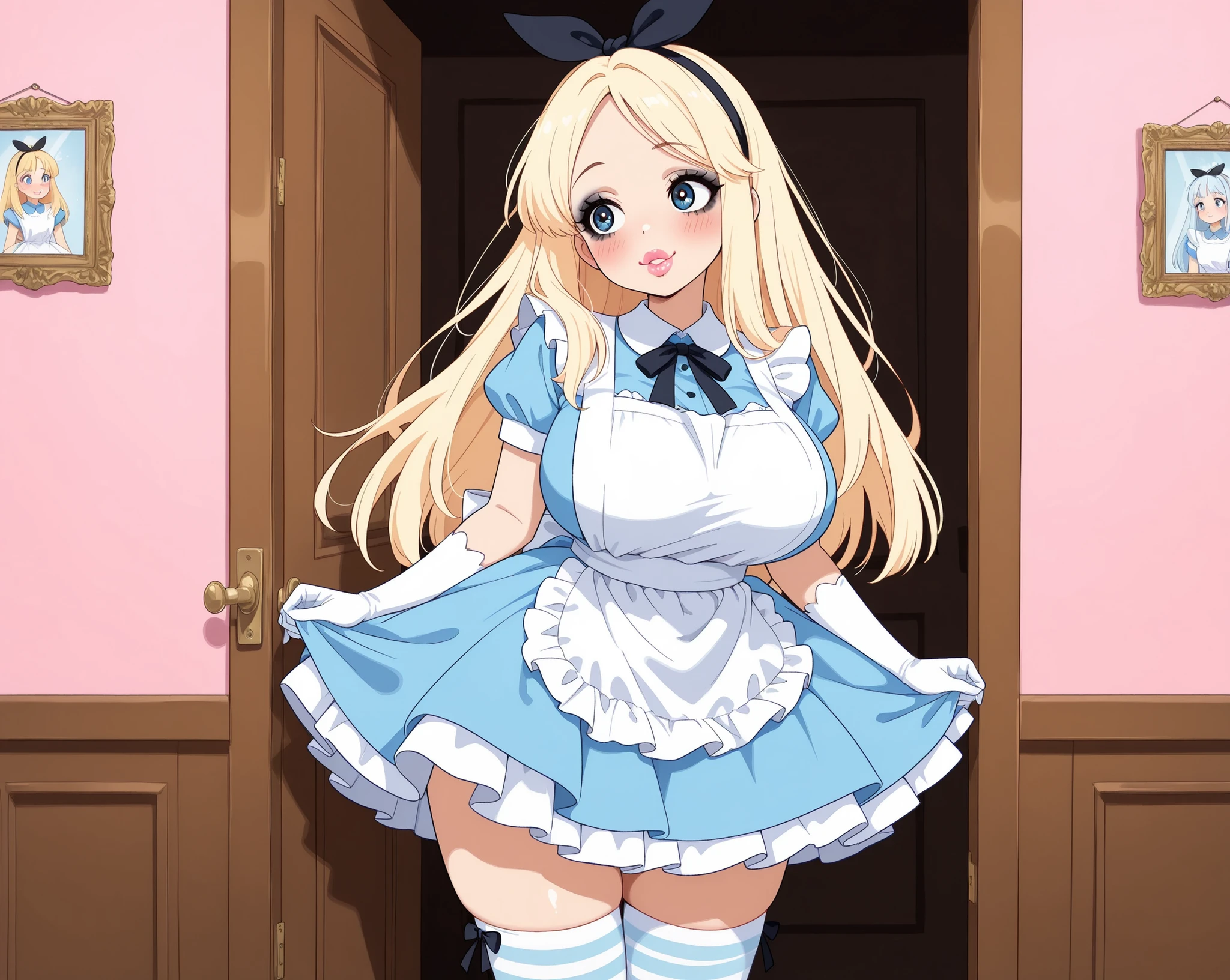 big lips, masterpiece, top quality, Super Detailed, Stylish, pastel colors that float on waterの柔らかく鮮やかなアニメスタイルのイラスト, Animated illustrations with a cute, sexual style, anime style, anime style, Alice's moture in her 50s, full plump glossy lips, Blonde hair, shiny long straight hair, **center part, no bangs**, elegant, illustration, hairband ,lipstick, blue_eyes, huge_breasts, dress, plump, thick lips, Moist lips, sexual lips , 立体的にぼってり腫れたsexual lips , Alice's moture is a wearing a jirai kei heavily made-up, pale black eyeshadow makeup, Anime Style Eyes, Big, Glittering Eyes Like Shoujo Manga, pastel colors that float on water(light blue)cosplay as Alice in Kebai in Wonderland, clear horizontal striped thigh high socks, black ribbon, white ruffled apron, ridiculous, Flirkko, Blush, big and drooping eyes, round face, with soft body, Transparency, provocative, full of kindness and a lovely smile with a smile, An expression full of sex appeal, Short Height,  safe delivery type, married, Excessive sexual desire, spoil, lovey dovey, white gloves, Curious, curious々, live-action, ah, ahh, Erotic cute healthy body, round face, I feel chubby, sexual soft three-dimensional lips, Thick sexual makeup, Sexual face, Kiss demon , Addicted to kissing, Motherhood, Charm, Female face, Did Kebai Alice, mature lady with sexual desire, sexual saliva secreted profusely from the mouth,  front door, humidity, jirai kei fashion, 