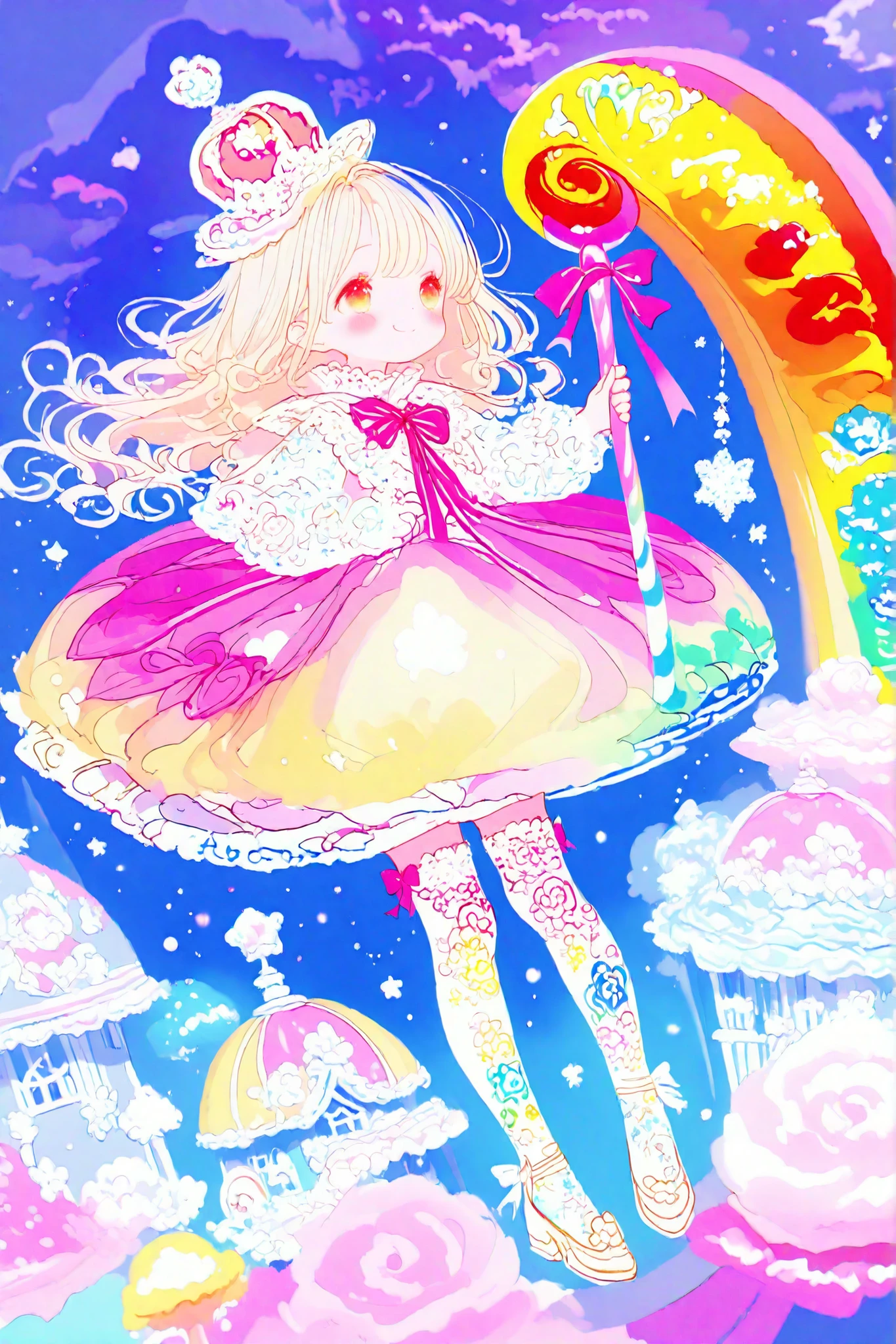 lineart, thin lines, thin colors, watercolor, soft touch, colorful, fantasy, full body, looking away, (fairy tale theme :1.2),
1 girl, solo, blonde hair, long hair, blush stickers, smiling, candy land, candy house, giant candy, holding a rainbow colored lollipop in her hand, colorful dress, ribbon and candy decorations, mini hat, lace-trimmed thighhighs, sweet colors, the texture of the candy is also realistically expressed, pastel color,
masterpiece, best quality, highly detailed, 8K, super detailed skin, (detailed beautiful face and eyes:1.5), elaborately designed clothes, highly detailed patterns on the clothes,