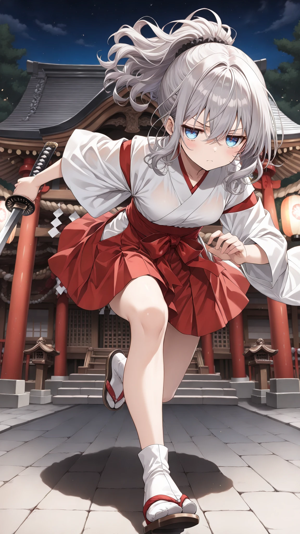 ((Ultra detailed)),((fullbody)), ((beautiful detailed eyes)),((score_9, score_8_up, score_7_up, score_6_up)), ((8k)),(zPDXL2), ((masterpiece)), ((best quality)), ((highest quality)), (highres), (absurdres), ((extremely detailed)),source_anime, 1girl,solo、((silver hair,blue eyes, medium hair,high ponytail,wavy hair,jitome)),(SHIRABYOSHI,red midi skirt:1.2),tabi,(the girl is running:1.3),      (girl is slender:1.3)、(the girl have larger small breasts breasts)、(Serious expression)、、(japanese festival:1.2),(Japanese shrine:1.2),((night)),(The girl holds a Japanese sword:1.2),(The girl is attacking:1.4),((death struggle)),((fight))