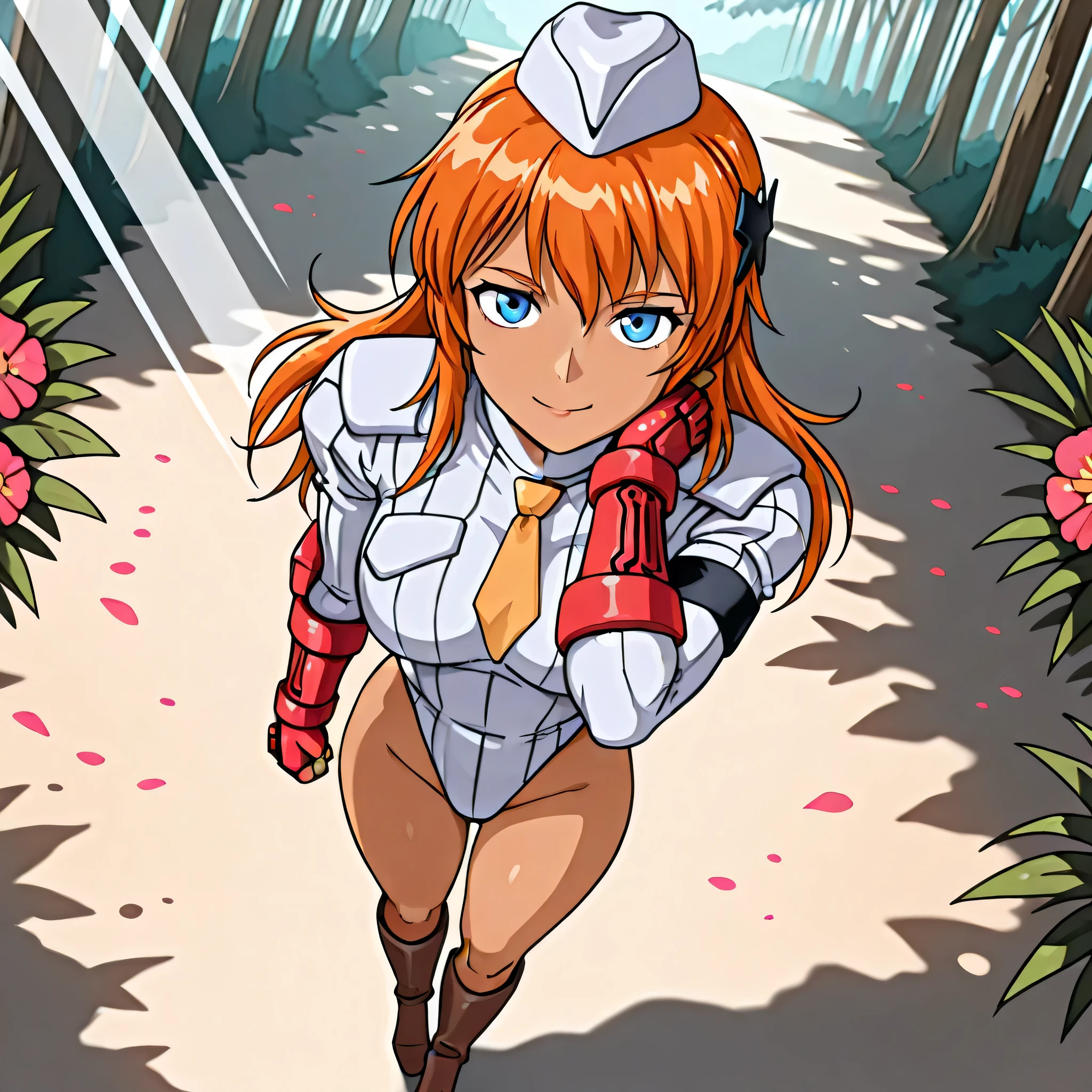 (((Masterpiece))), (((Best Quality))), ((Super Detail)), ultra-High resolution, score_9,score_8_up,score_7_up,score_6_up,score_5_up,score_4_up, BREAK, source_anime, anime screencap, uncensored, Masterpiece, (best shadow), (absurdres), (detailed background), (very aesthetic), shiny, detailed beautiful eyes, outstanding, countershading, detailed soft lighting, an exquisite animation illustration, curvy, shadaloo dolls, red gloves, hat, fingerless gloves, gauntlet, red gauntlet, leotard, cosplay, highleg, highleg leotard, garrison cap, dark persona, ribbed leotard, yellow necktie, (((solo, 1girl))), hair ornament, seductive pose, submissive pose, anime style, anime coloring, animification, megami magazine, sexy pose, dynamic angle, cinematic angle, dutch angle, dynamic composition, medium breast, Francesca, dark-skin female, orange hair, long hair, blue eyes, dark skin, light smile, gentle smile, smile, closed mouth, walking, full body, looking from above, view from above, from above, hand on neck, outdoor, forest, jungle, dappled light, sunbeam, flower, petals,