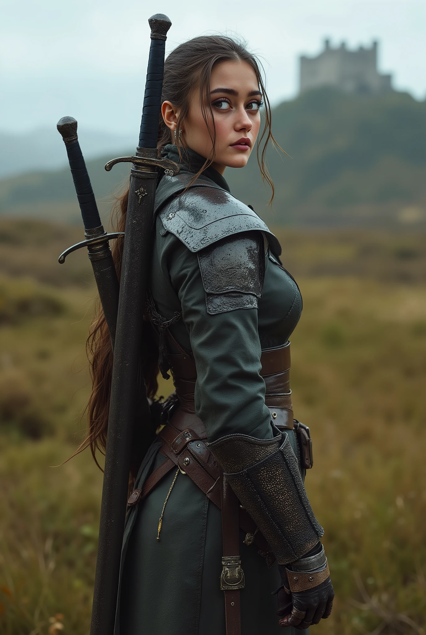 hyperrealistic photo : Ella Purnell, (masterpiece), (Better quality), (photorealistic: 1,5), 8k, detailed skin texture, beautiful detailed young face, complex parts, (( slender medieval Lara Croft as a witcher)), beautiful, hot, sporty, against the backdrop of a medieval landscape and a medieval knightly castle in the distance on a hill,((high quality full length photo ))  ((and at her waist, the SWORD IN THE  hangs on her belt)) ,shoulder pads, order,light armor , raincoat,(а спиной двуручный меч, легкие доспехи,стройное мускулистое тело,средневековье,крупный план)