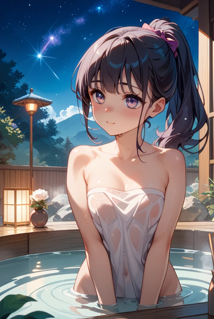 master piece,best quality,ultra detailed,8k,
ambient light,realistic skin,glossy skin,
（rin tohsaka, long hair, black hair, two side up, aqua eyes, bow, hair bow）、（ towel）、（spreading legs：1.3）、（the body is very wet：1.3）、shirt is unbuttoned、Her purple  is visible through her wet shirt.、glossy lips、Slightly emphasize the lower lip、blush、embarrassed expression、beautiful 、emphasizing the 、
fantastic night sky、full moon、horizon、open-air bath、Japanese inn