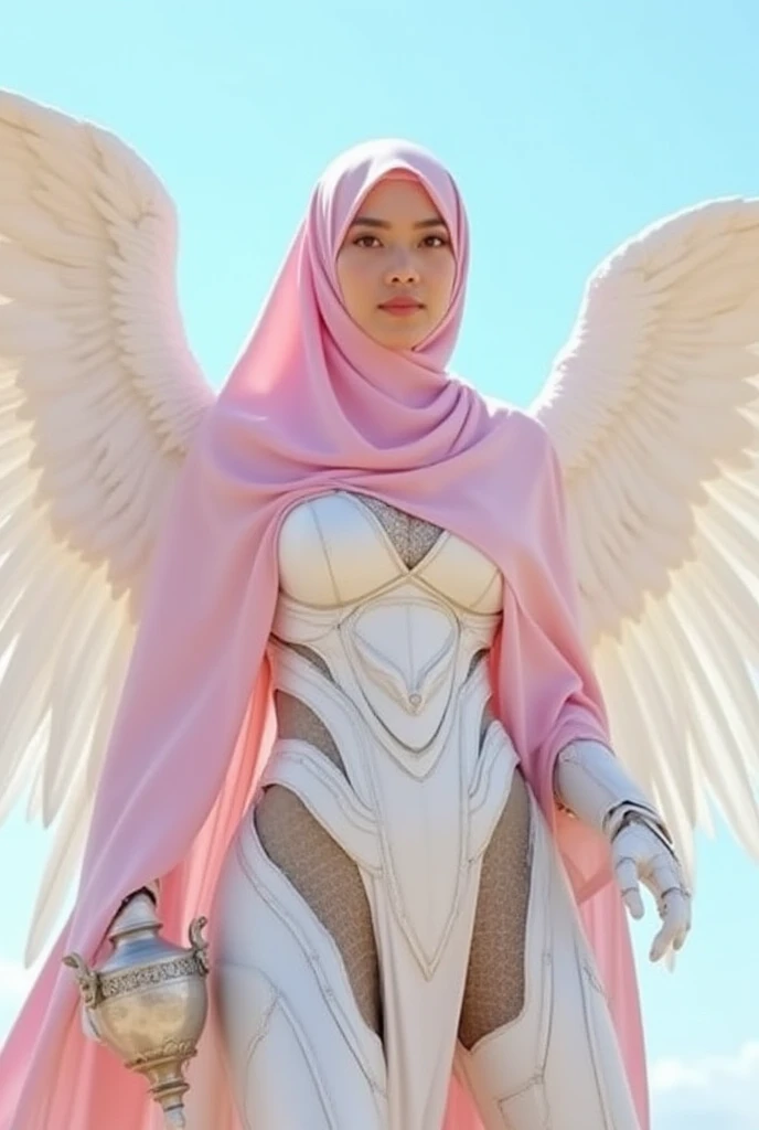 Realistic photography of An indonesian beautiful young slender woman, fair skin, round face, wearing white violet pink cosplaying ornate armor crop top with intricate engravings and a hijab with feminime crown, have a large angel wings, detailed beautiful perfect abs muscular, detail abs sixpack, detail stomach muscular, cute navel glowing and shining, long large armor skirt, wearing armored warrior helmet. She has a serious, determined expression. A glowing magical symbol is embedded in the center of her chest plate, and she wield a sword crackling with blue energy.
Surrounding her is a glowing circular array of floating magical symbols, glowing in different colors (blue and orange), suggesting elemental or arcane powers.