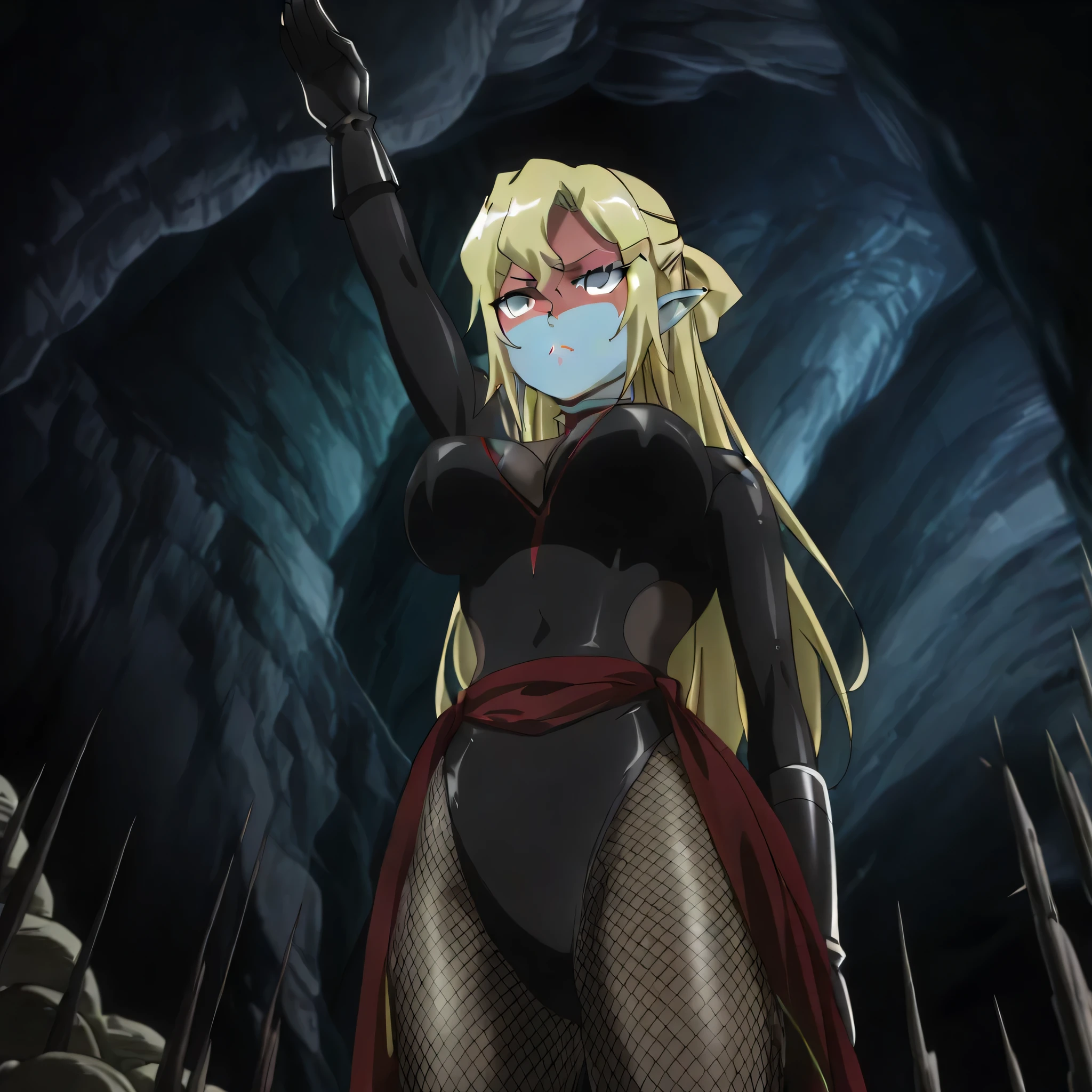 (((Masterpiece))), (((Best Quality))), ((Super Detail)), ultra-High resolution, score_9,score_8_up,score_7_up,score_6_up,score_5_up,score_4_up, BREAK, source_anime, anime screencap, uncensored, Masterpiece, (best shadow), (absurdres), (detailed background), (very aesthetic), detailed beautiful eyes, outstanding, an exquisite animation illustration, curvy, highres, shiny clothing, dark persona, empty eyes, blank eyes, shocker, black leotard, latex elbow gloves, brown fishnet pantyhose, red skin, blue skin, colored skin, red sash, makeup, (((solo, 1girl))), hair ornament, seductive pose, submissive pose, anime style, anime coloring, animification, megami magazine, sexy pose, dynamic angle, cinematic angle, dutch angle, dynamic composition, large breast, sasha, Sasha01, blonde hair, long hair, pointy ears, blue eyes, elf, hair between eyes, bangs, hair bow, serious, serious expression, looking from below, view from below, from below, salute, standing, standing at attention, standing still, looking ahead, shocker salute, hand up, arm up, speed line, motion line, powerful, roar, cave, dark cave, horror theme, dark theme, dungeon,