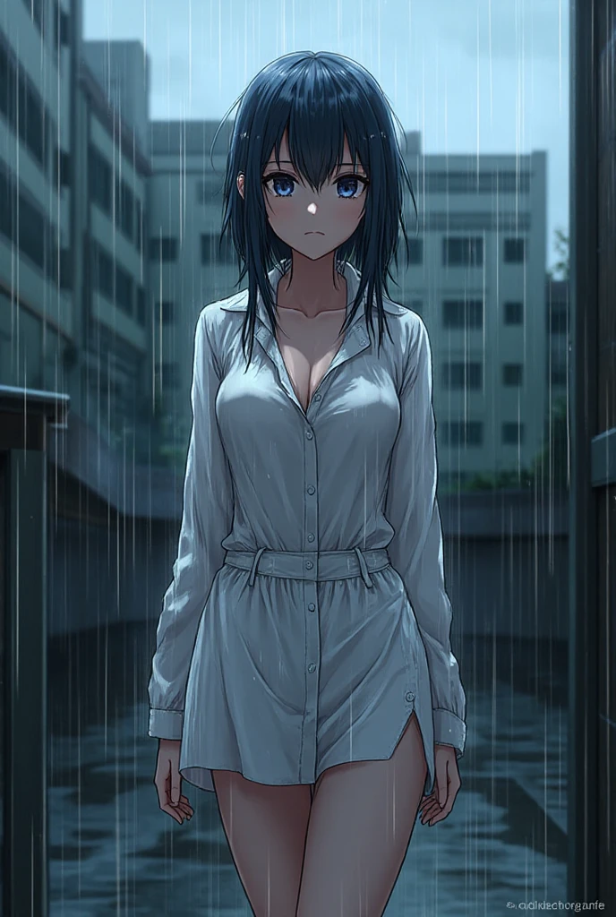 Girl, blue short, Unbuttoned Blouse, Blouse on a ??????????,  You can see her ???????,  ???? ???????, ????? visible, street  background, Narrow passage between houses, night, rain, slim body, In full growth, Sneakers , ???? ???????, She threw open her hands, small ?????? 