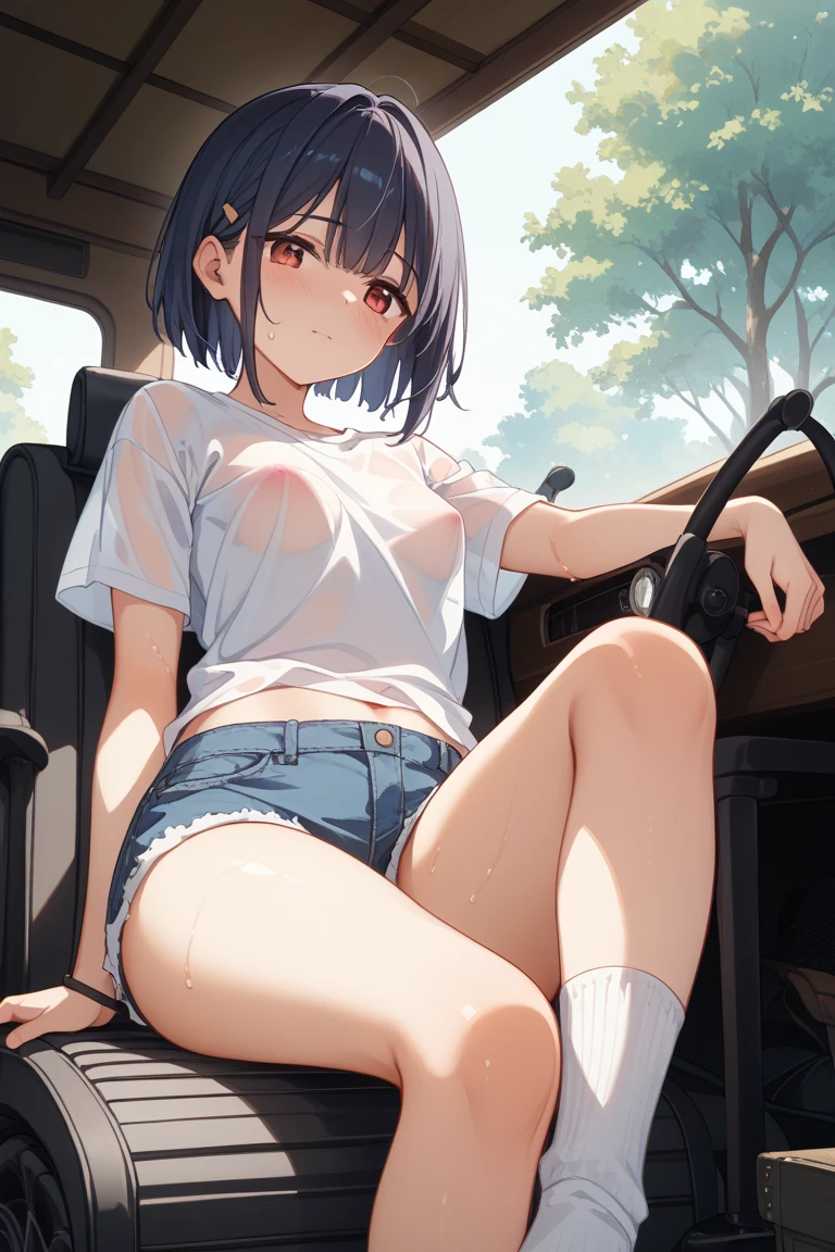 A ??????? girl with ????????????, black short bob hair, small ??????? and pale pubic hair, wearing a checkered skirt and ????? ???????, is crying in disgust on a train when a molester forces her ?????????? and inserts his ????? into her ??????.