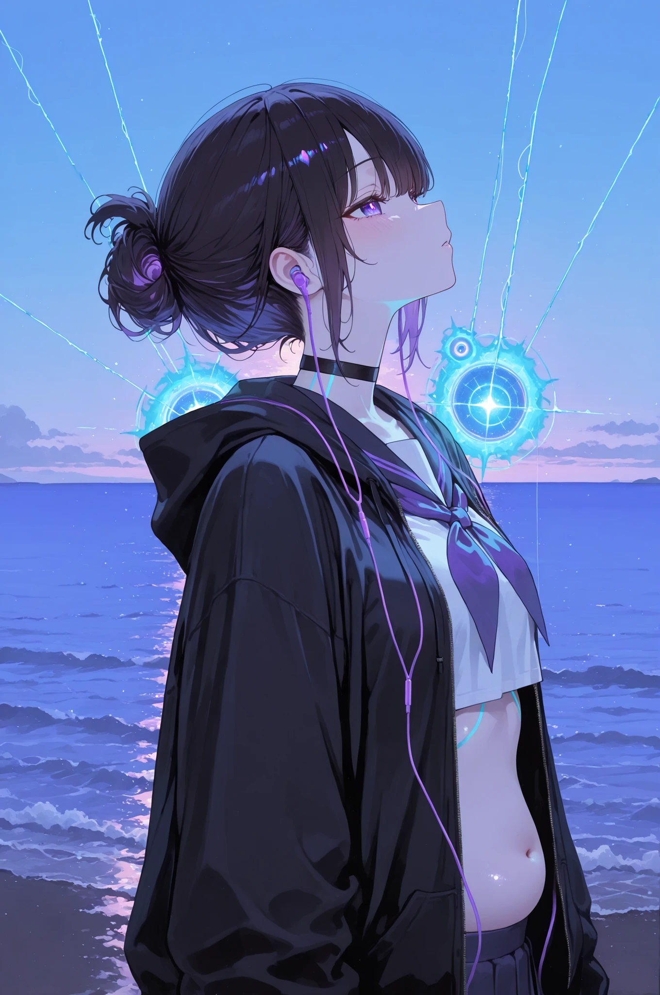 One Girl,man-like hairstyle,two blocks,belly short, Purple pupils,dark haired,Thread, Power Elements, mike, bright blue color palette,sea,horizon, overview,overview background, Dreamy Atmosphere,  Delicate linework,Body lines,masterpiece,top quality,great quality,school uniform,black open front hoodie、black choker、earphones