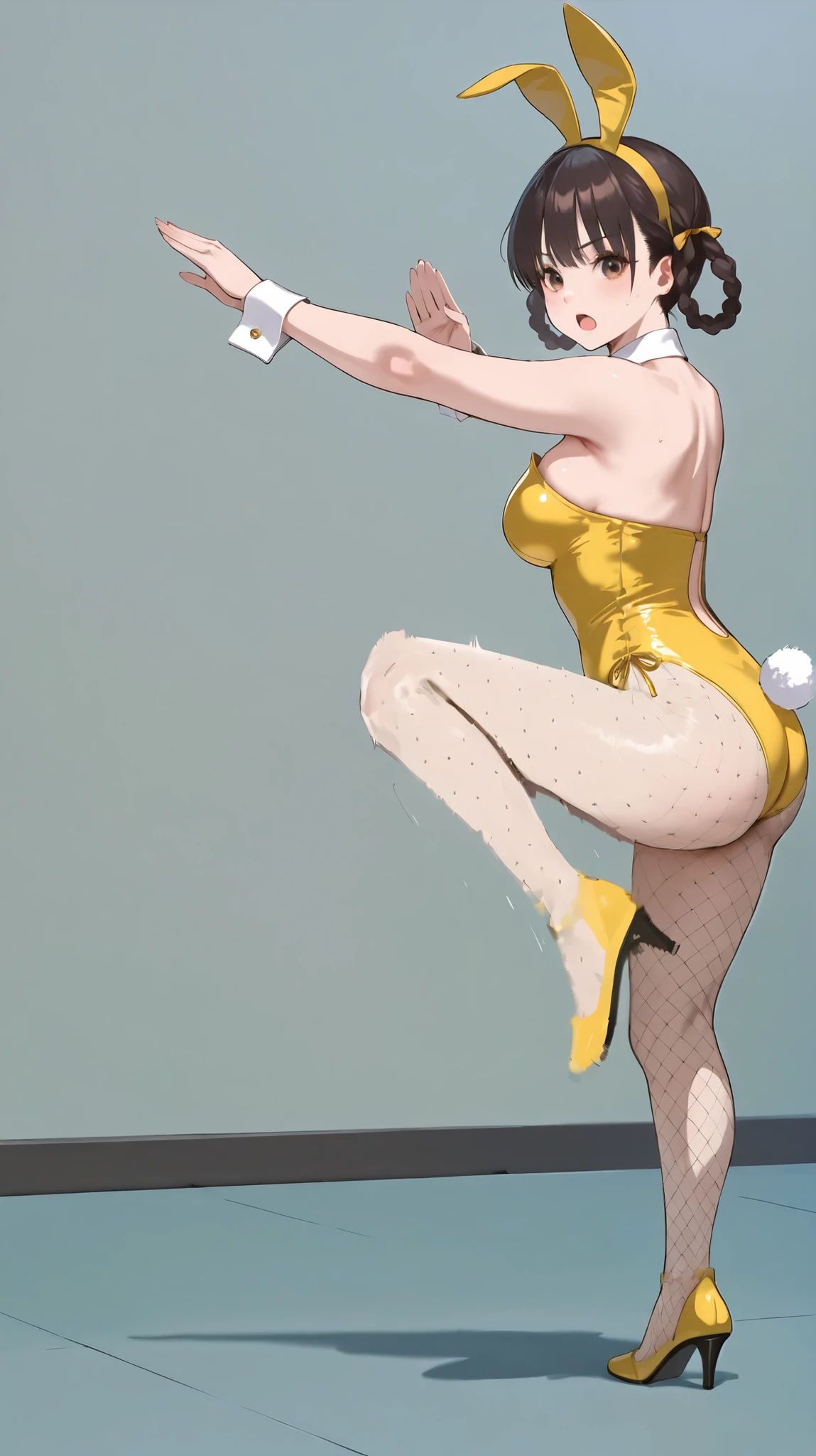 ((((Masterpiece)))), (((( top quality)))),  high definition,fine grain, detailed face ,  　,1girl,,,,, black hair, side braids, twin braids, braided hair rings, (brown eyes,,,,,,beautiful eyes:1.0),  bangs,slender,,,,,,,, leifan, ,,,cleavage,,,,yellow bunnygirl suit, sleeveless, High Heels,,,,, fishnet pantyhose,bow tie,cuffs,Bunny headband,,naked shoulders,,,soft brown eyeshadow, thin eyeliner, , ,, peach glossy lips,,,,,,,,, ,large Breasts,　　, ,,,,fighting stance,,serious,,,,(open mouth:1),(close eyes:0.0),,(close one eye,wink:0.0),,,,,,,(on all fours:0.0),, mai_pose_kf_1,fighting_stance, standing_on_one_leg,fighting_stance,,,, (standing on one leg,,,,, standing up straight ,,,,cross arms:1.0),,full body,,, Long legs, beautiful legs, beautiful thighs, (knees up high, back straight,arched back:1.0)