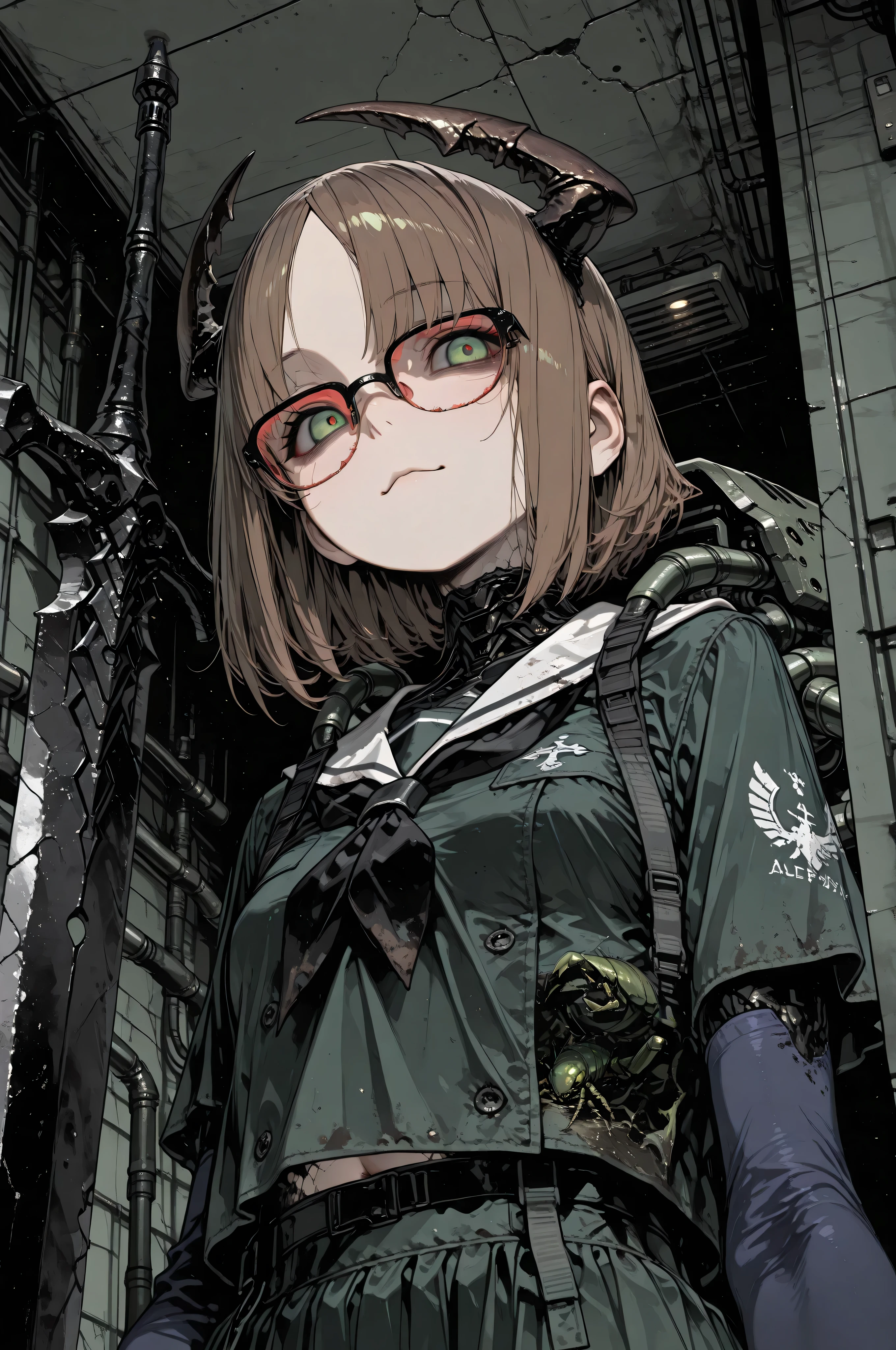 (A beautiful monster girl in a dark and creepy abandoned factory), a monster created through bioengineering and genetic modification, very cute face, green eyes, brown bob hair, parted bangs, red-rimmed glasses, healthy skin tone, small natural breasts, shapely legs, petite build, perfect anatomy, white sailor jacket that reaches just above the navel, navel visible, dark green skirt, navy blue knee-high socks, sturdy metal boots, bulletproof gear, stag beetle pincers on both sides of the head, insect sub-arms on the outside of both shoulders, four light green insect wings on the back, dynamic angle, close-up, (a giant sword is stuck in the floor, a dark and creepy abandoned factory, red emergency lights are on, a large room is filled with broken processing machines and computers, a puddle on the concrete floor, the night sky is visible through a hole in the ceiling), (close-up of the girl's upper body:1.3), (masterpiece, highest quality, high definition, ultra high definition, top level, highest quality, 8k),