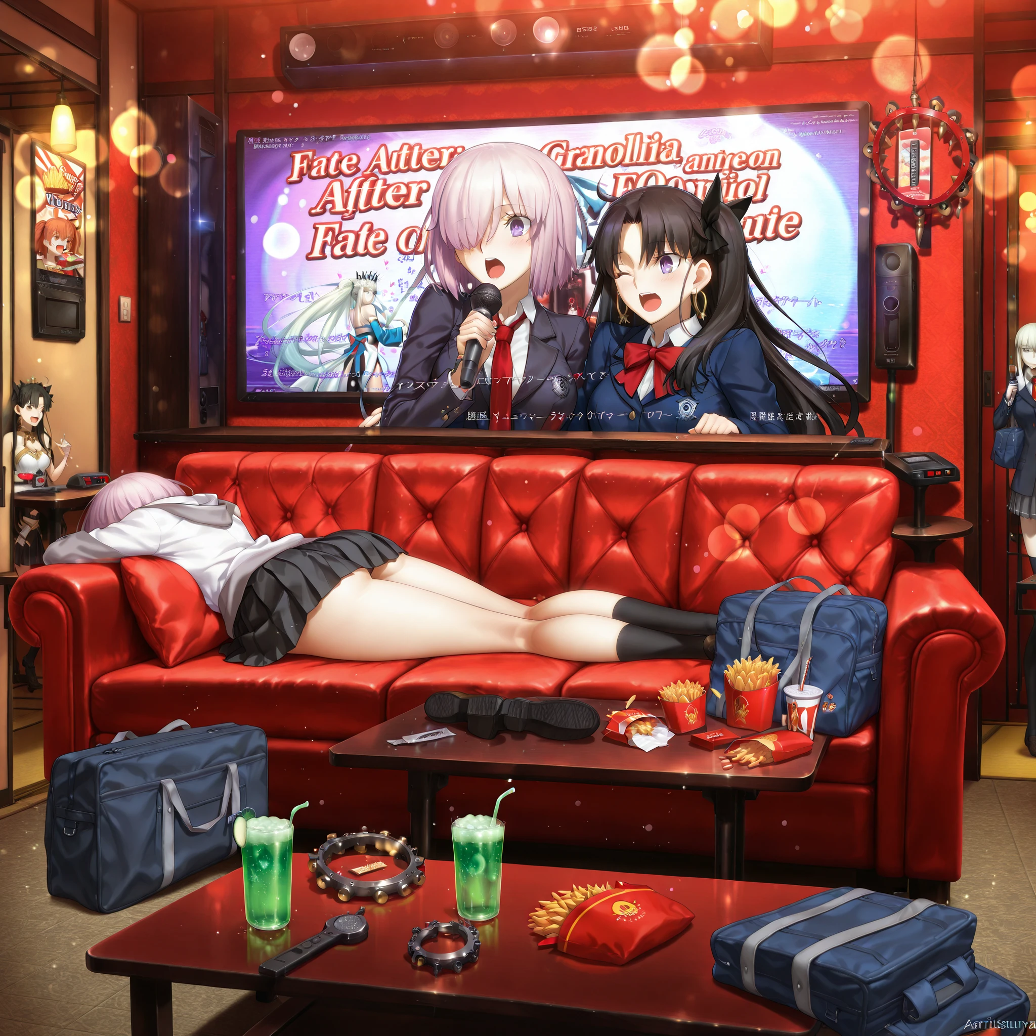 (masterpiece:1.2), (Highest Quality:1.2), (Super Detailed:1.2), (Fate/Grand Order style:1.3), (Thickly painted anime style:1.2), (anime style:1.25),
(4girls:1.3), (intimate atmosphere:1.3), ((Fate/Grand Order)),
((Japanese karaoke box)), ((after school)),
((cozy private booth with plush red sofa and low table)),
((school bags piled in corner, blazer draped on sofa back)),
((fries, melon soda, and tambourine on table)),
((large screen)),
((playful, euphoric, after-school karaoke party vibe:1.3)),
((personA: Fujimaru Ritsuka (female), aaritsuka:1.3)),
((personB: Mash Kyrielight:1.1)),
((personC: Morgan le Fay (Fate):1.2)),
((personD: Ishtar:1.3)),
((cinematic three-quarter front shot from table level:1.2)),
((shallow depth of field, razor focus on mic and open mouth, soft bokeh on lyrics screen)),
((pure after-school karaoke euphoria:1.3))