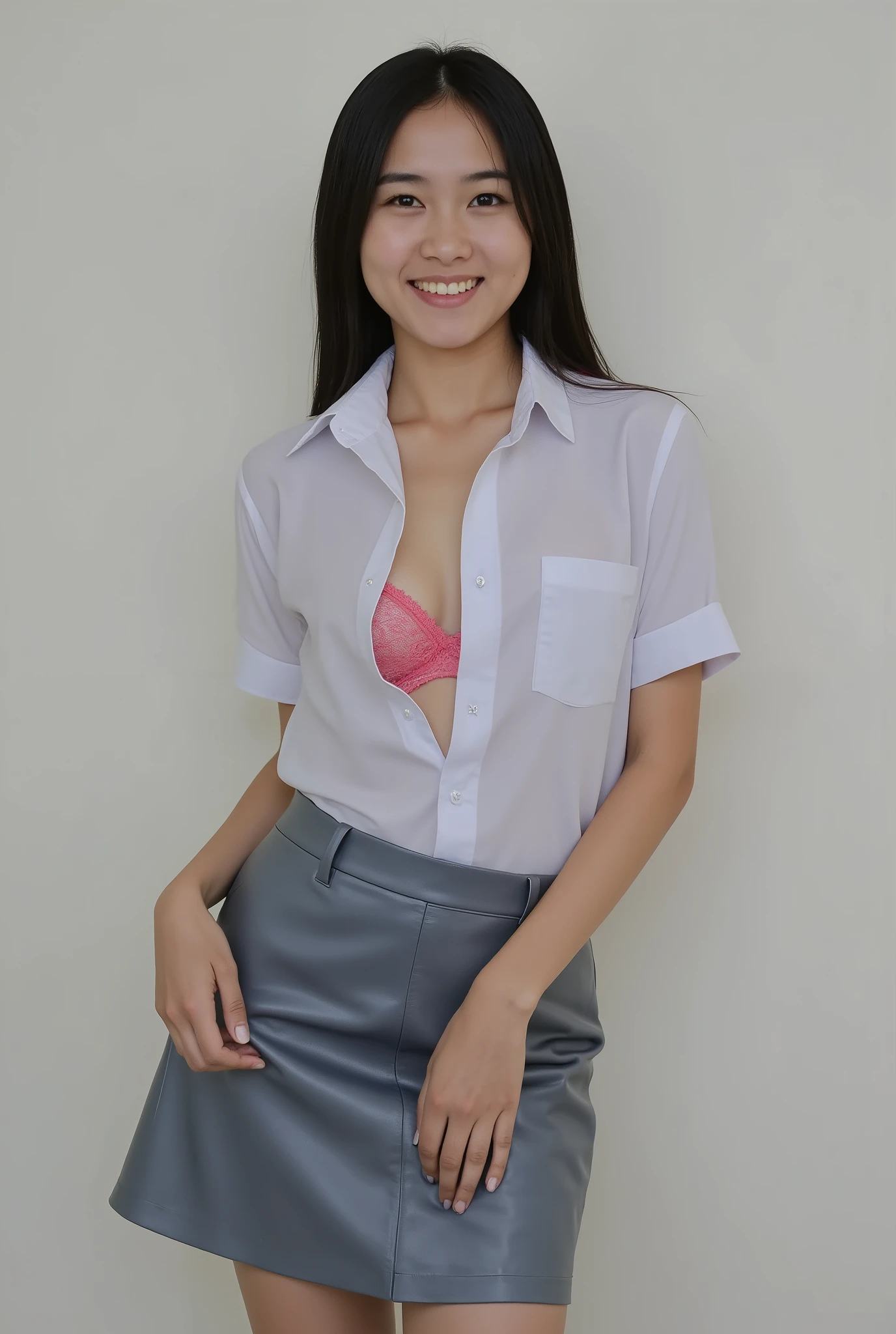 whaletail, fullback, panty slip, thin skinny girl, slender body, lace briefs, thai young girl, open white collared shirt short sleeves ,  thai school uniform, short grey pencil skirt , with a visible soft red bra underneath, reveal pink lace bra, white tight briefs, open skirt. topless. off shoulder. transparent. small tits. both hand lift up skirt reveal white tight hipster . She is striking a cute pose along the aisle . topless. showing tight hipster lace briefs . skirt pull down. , topless. her skirt are sliding down . tight office skirt pull down large tight hipster lace briefs. squat pose. nude. naked.  young. young, super teen young child