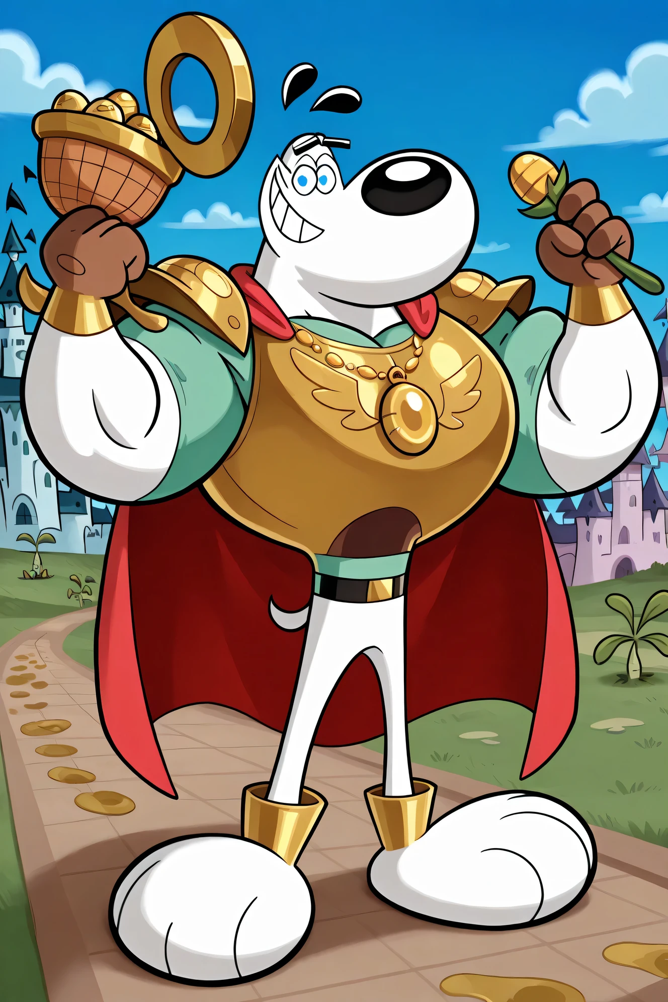 A Giant muscular dudley puppy (T.U.F.F Puppy), white dog, gigantic chin, cartoon 2d style, saturaded colors, giant size, macro size, full body, gigantic muscular body, giant castle background, Masterpiece, best quality, high quality, detailed, Dudley Puppy, male, solo male, 1boy, broad shoulders, mature male, blue eyes, athletic build, muscular male, black ears, black eyebrows, animal ears, white body, big eyebrows, powerful smile expression, giant size, macro size, 50-foot size, a light green shirt with long sleeves, brown vest with bottoms, round snout, full body, ripped dark yellow pants, black and gold belt, golden necklaces with colorful jewels, bigger brown gloves, golden bracelets with colorful jewels, wearing a ripped very long dark red cape, bigger golden shoulder pads, golden armor, big feets, bigger brown wrestler boots, outdoors, looking at viewer, powerful smiling, macro size, 50-foot size, giant size, 60 feet tall size, holding a basket of golden eggs coins colorful jewels diamonds and a golden harp, blue sky background, beanstalk plant in behind, a macro big castle background, clouds background, clouds behind, floor, gigantic footprints boots on the grass, mountains behind, fairytale fantasy scene, jack and the beanstalk story, beanstalk behind.
