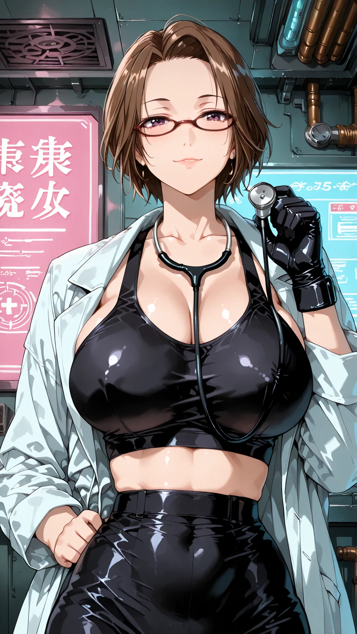 solo, tomoe (accelerando), purple eyes, brown hair, short hair, glasses, mature woman, Tight waist、Small waist、shiny Skin , (upper body), sexy, (adult woman, 25+), score_9, score_8_up, score_7_up, source_anime,(extremely detailed CG), (best quality), (sexy female cybernetic doctor:1.2), prosthetic arm, chrome cybernetic limb, detailed mechanical hand, medical outfit, form-fitting white coat, tactical medical uniform, thigh-high boots, confident expression, holding stethoscope, cyberpunk hospital, neon lighting, Huge breasts, Extra thin waist