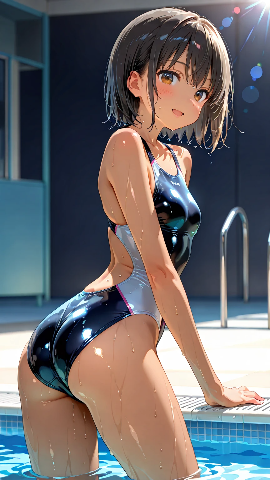 masterpiece, best quality, ultra high resolution, highly detailed, anime-style, cinematic backlight,  
Ai, a breathtakingly beautiful girl with black short bob hair, captured from behind in a stylish professional racing swimsuit,  
the swimsuit design features an open back, revealing her elegant shoulder blades, toned back, and narrow waist in perfect S-curve,  
water droplets glisten on her skin, some running down along her spine, with a faint mist rising around her,  

her pose is calm yet dynamic – one leg slightly bent as if just finishing a lap, arms relaxed at her sides or pulling her hair back,  
hair slightly wet and sticking to her back, conveying the sensation of fresh water and focused movement,  
background: clean indoor pool with shimmering reflections and subtle light rays cutting through mist,

tags: back view, racing swimsuit, beautiful silhouette, elegant back, water droplets, graceful pose, poolside, anime girl
