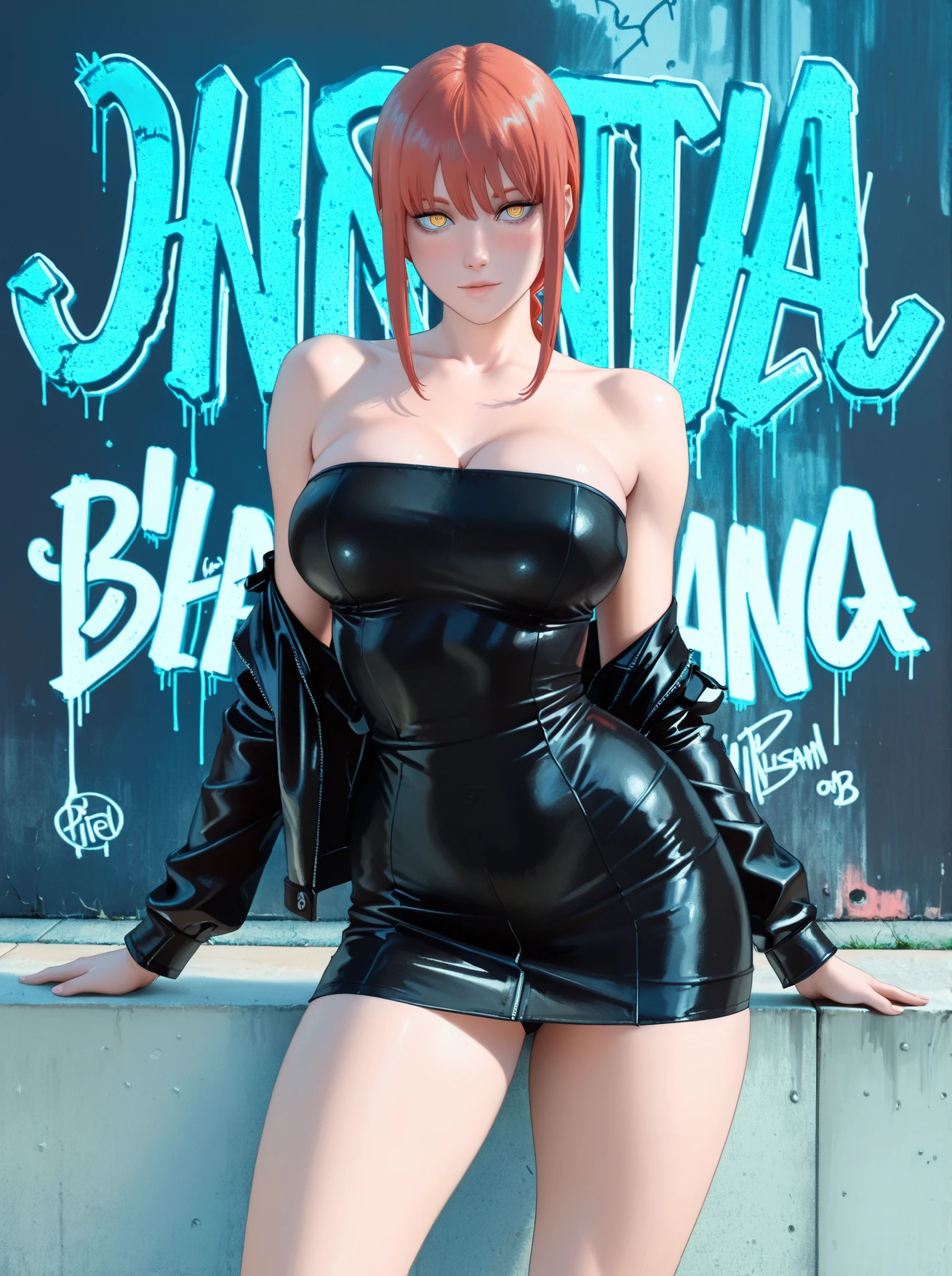 Masterpiece background , the best quality suit ,strength,, pretty face,piel clara, cabello brillante , ultra detailed eyes ,highly detailed leather leather Blush,, big breasts, strapless tube dress with hole design (SKNSFW ), short dress, strapless dress, black dress, graffiti background on neon black.Makima by chainsawman
