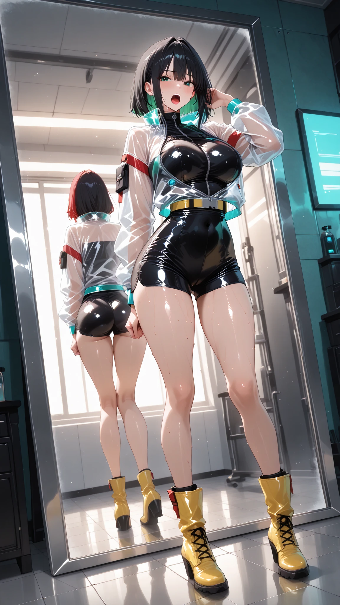 Quality - (masterpiece:1.5), (best quality:1.5), high quality, 8k, ultra hi res, super detail, highly detailed, ultra detailed, (intricate details), ((detailed face:1.5)), (detailed eyes:1.5), realistic, (hyper realistic:1.5), (photo realistic:1.5), (real picture). Style - Hyperrealism, Realism.Location - Japanese subway car with random pedestrians inside. Subject - (1girl), (PureErosFace_V1:0.7), young woman with short brown hair, pure tan skin, sweaty skin, hazel eyes. Dripping wet, sweaty body