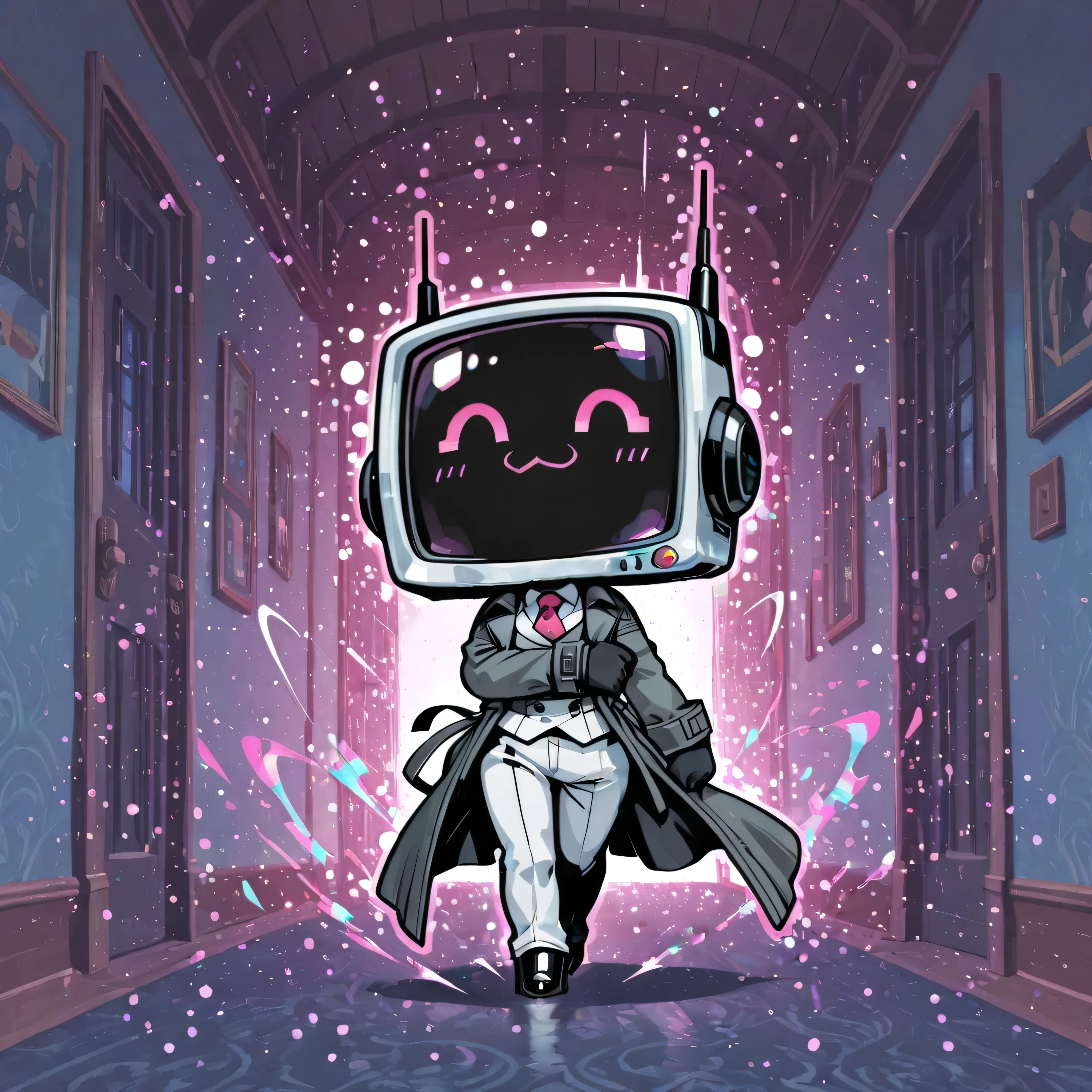 [The KuroRadio] [model test], (masterpiece, high quality:1.2), chibi style, super-deformed body, solo, 1girl, soft shading, teleported, radio_head, normal_face, pink face, glitching magic, magic, TV head, pink glitch particles, white suit, tie, black gloves, arm crossed (arm under gray_coat), long gray trench coat flowing backward, black heels, long stretch hallway, fast-paced motion energy, chase action, wind effects pushing coat back, action, half_lids,cute,:3