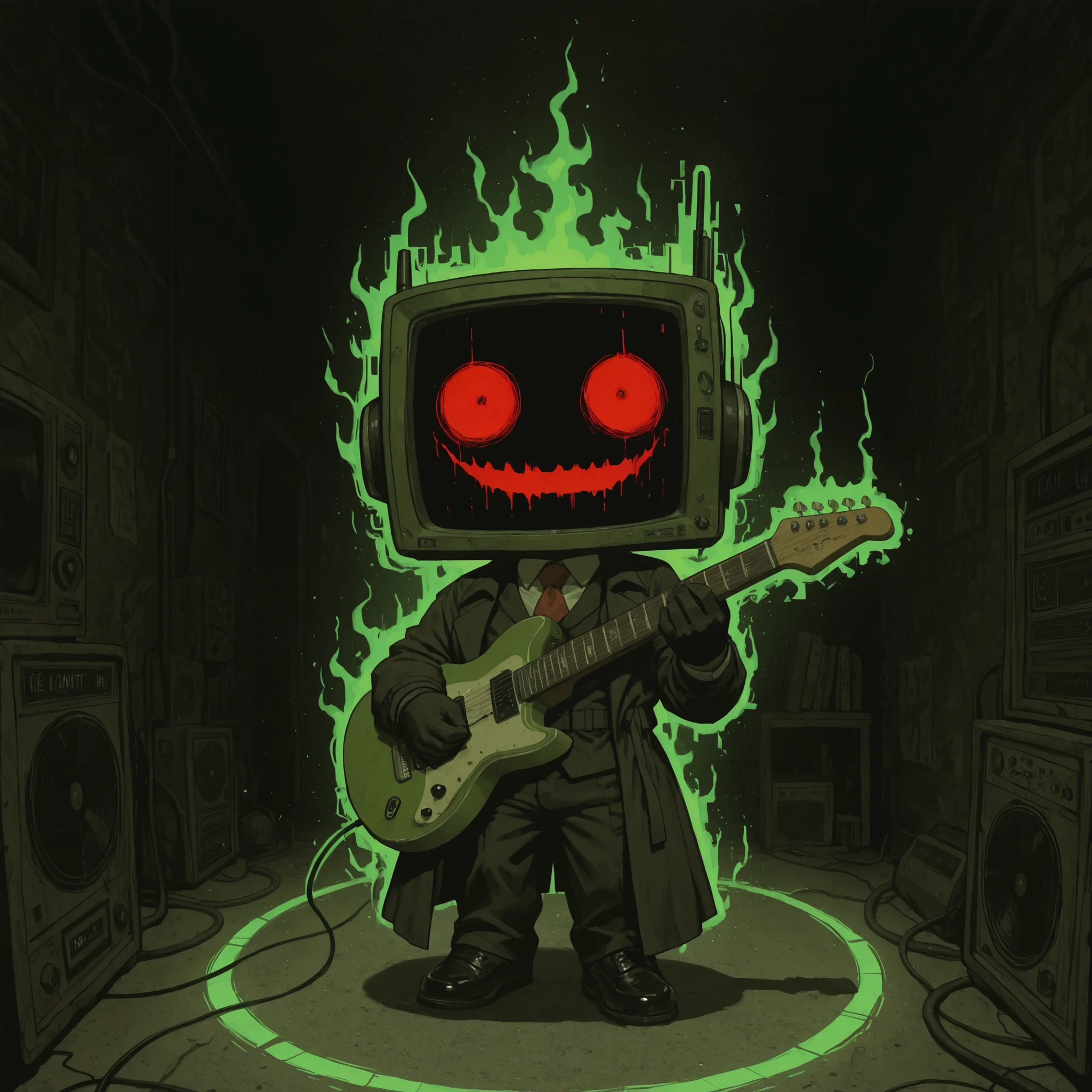 [The Horror Radio], (masterpiece, best quality:1.2), (high detail, sharp lighting), 
solo, 1boy, craze_face, radio_head, vintage television face, glowing circle eyes, glitch_face, (playing and holding a electric_guitar green_aura:1.2), chibi, blue digital distortion, green pixel fragments, static effects, green lights inside screen, robot_skin black, long trench coat blowing backward, suit, red tie, black gloves, (floating), closed_eyes, 

dark electronic horror theme, cinematic tension, high BPM energy, 
glitch streaks, digital noise particles, neon reflections on floor,
spotlight from above, shadow under feet, foggy background, studio room, 
dark alley ambience, radio-static aura, thriller chase tone,

(clean composition), (album cover framing:1.1).
