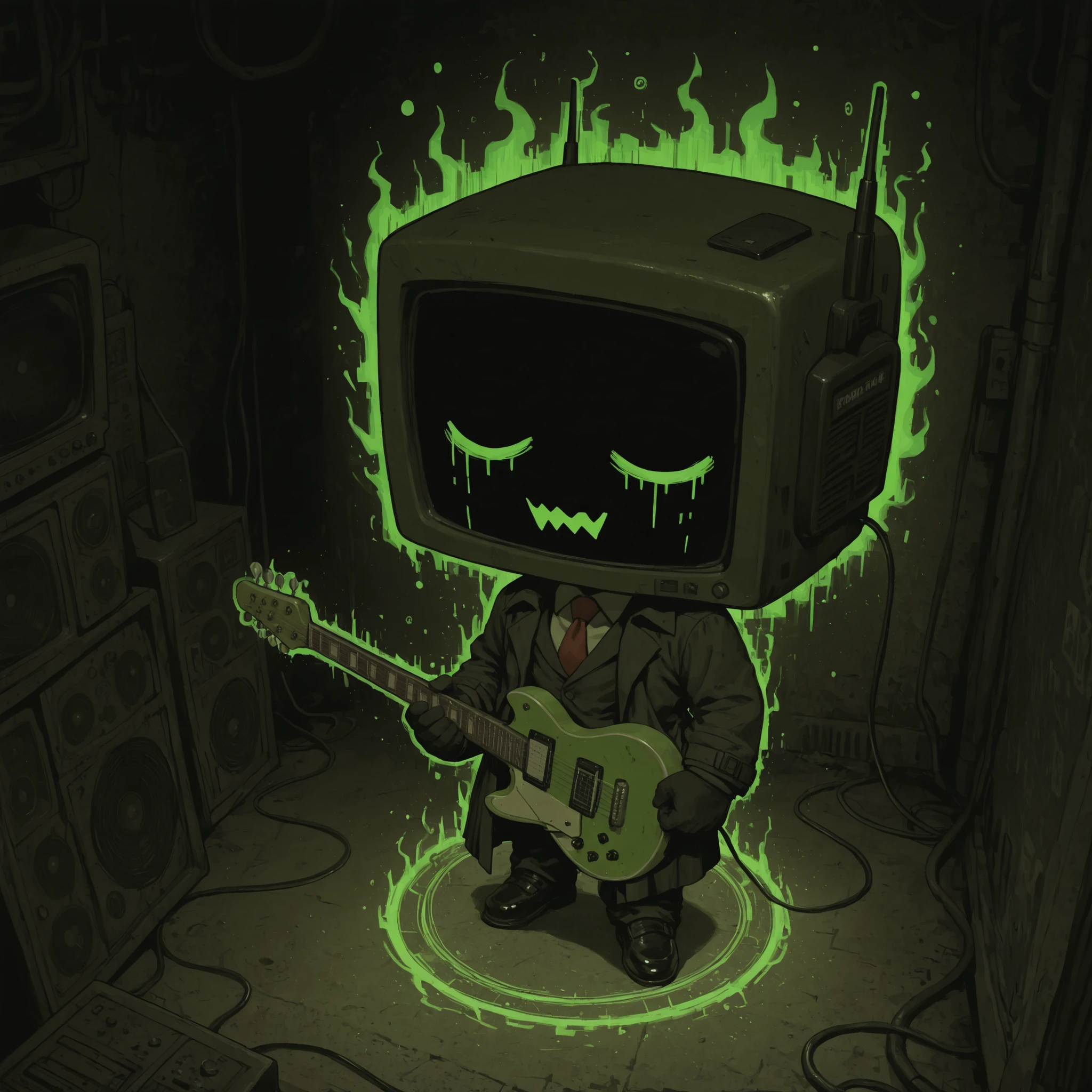 [The Horror Radio], (masterpiece, best quality:1.2), (high detail, sharp lighting), 
solo, 1boy, craze_face, radio_head, vintage television face, glowing circle eyes, glitch_face, (playing and holding a electric_guitar green_aura:1.2), chibi, blue digital distortion, green pixel fragments, static effects, green lights inside screen, robot_skin black, long trench coat blowing backward, suit, red tie, black gloves, (floating), closed_eyes, 

dark electronic horror theme, cinematic tension, high BPM energy, 
glitch streaks, digital noise particles, neon reflections on floor,
spotlight from above, shadow under feet, foggy background, studio room, 
dark alley ambience, radio-static aura, thriller chase tone,

(clean composition), (album cover framing:1.1).
