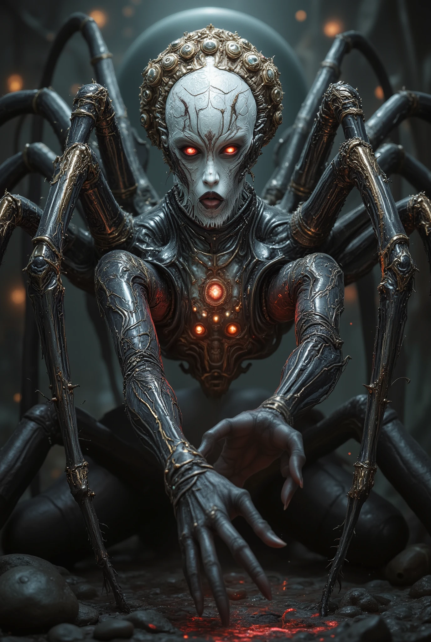 "realistic spider queen, female humanoid upper body fused with monstrous spider legs, dark chitin armor, bioluminescent red eyes, multiple eyes on forehead, pearl white and golden and crimson tones, highly detailed organic textures, sinister expression, fantasy horror setting, dramatic studio lighting, ultra-realistic, 8k, digital art"