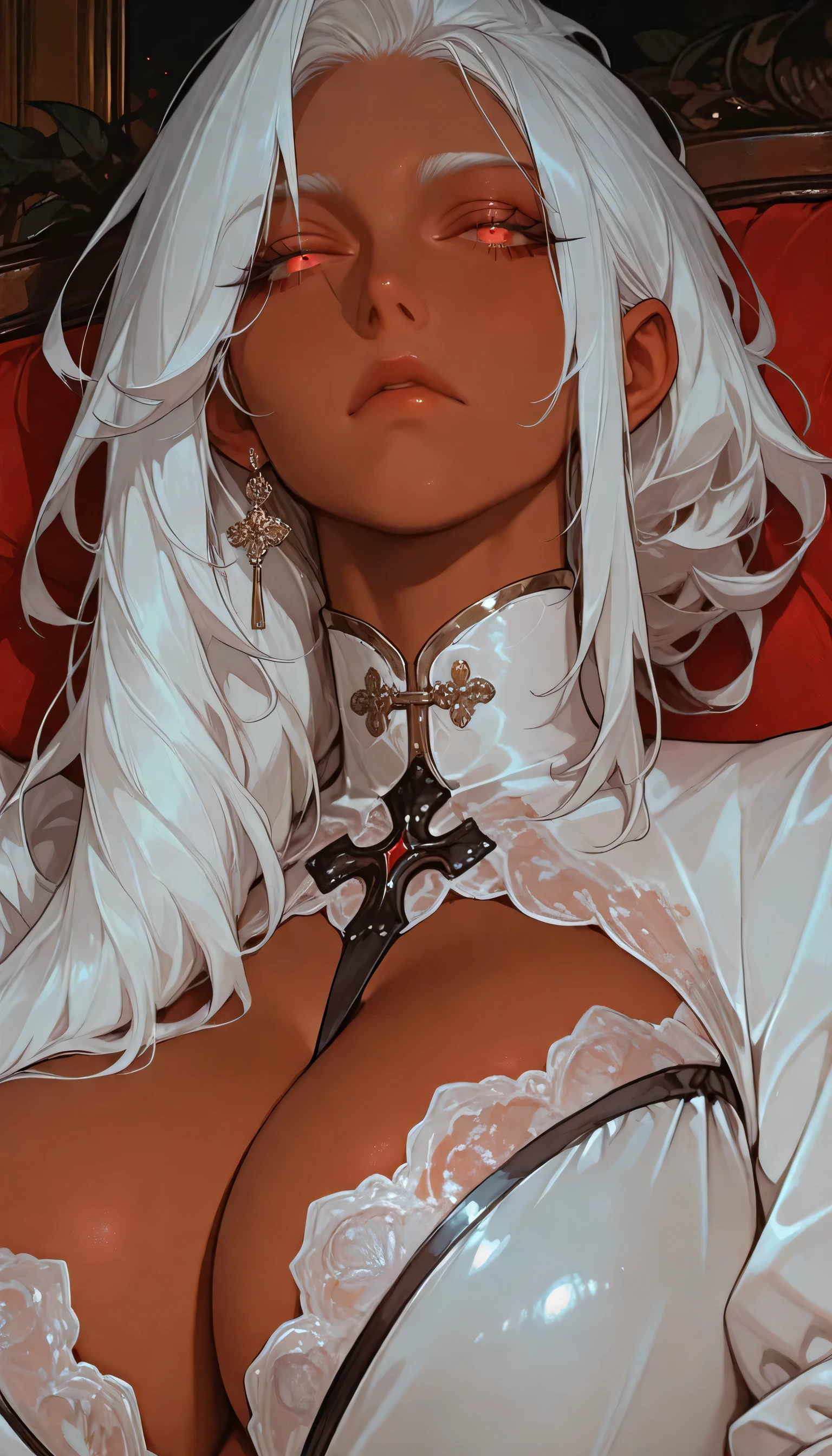 Score_9, score_8_above, score_7_above. Ororo Munroe, white hair, neon crimson eyes, dress, cleavage, cold eyes, frown, close up, beautiful dress, sitting, , huge breasts 1.2,dark-skinned woman. Masterpiece, best quality, (ultra detailed), incredible quality, very aesthetic, illustration, perfect composition, intricate details, absurd, incredibly absurd. Intense eyes, glowing eyes