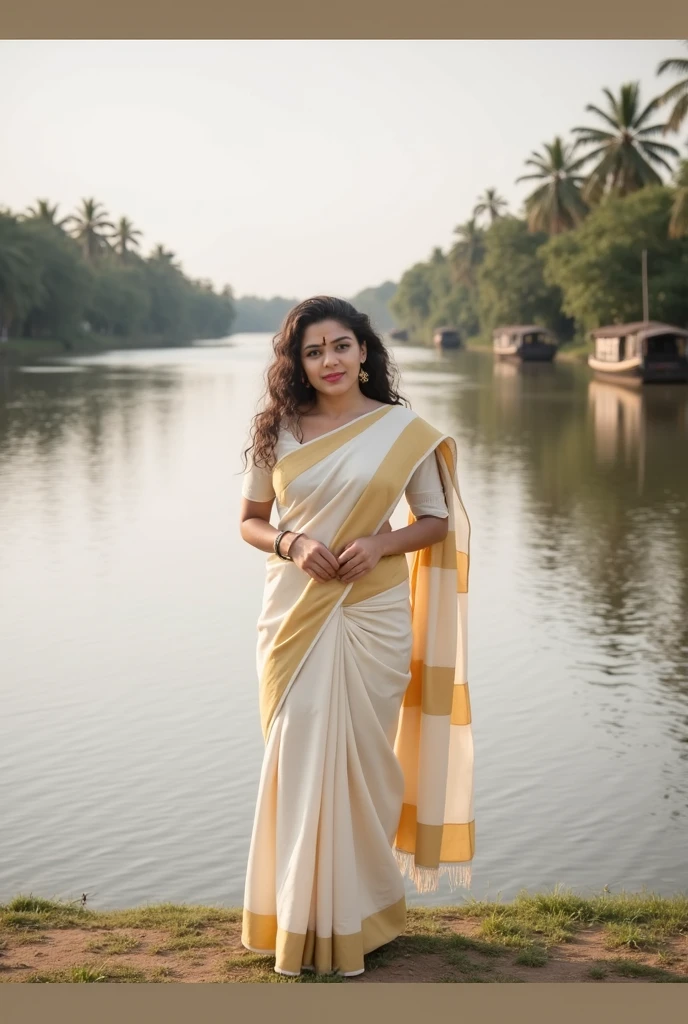 A young chubby Indian girl wearing a white long frock standing in sunlight eyes closed smiling short hair and fair complexion 