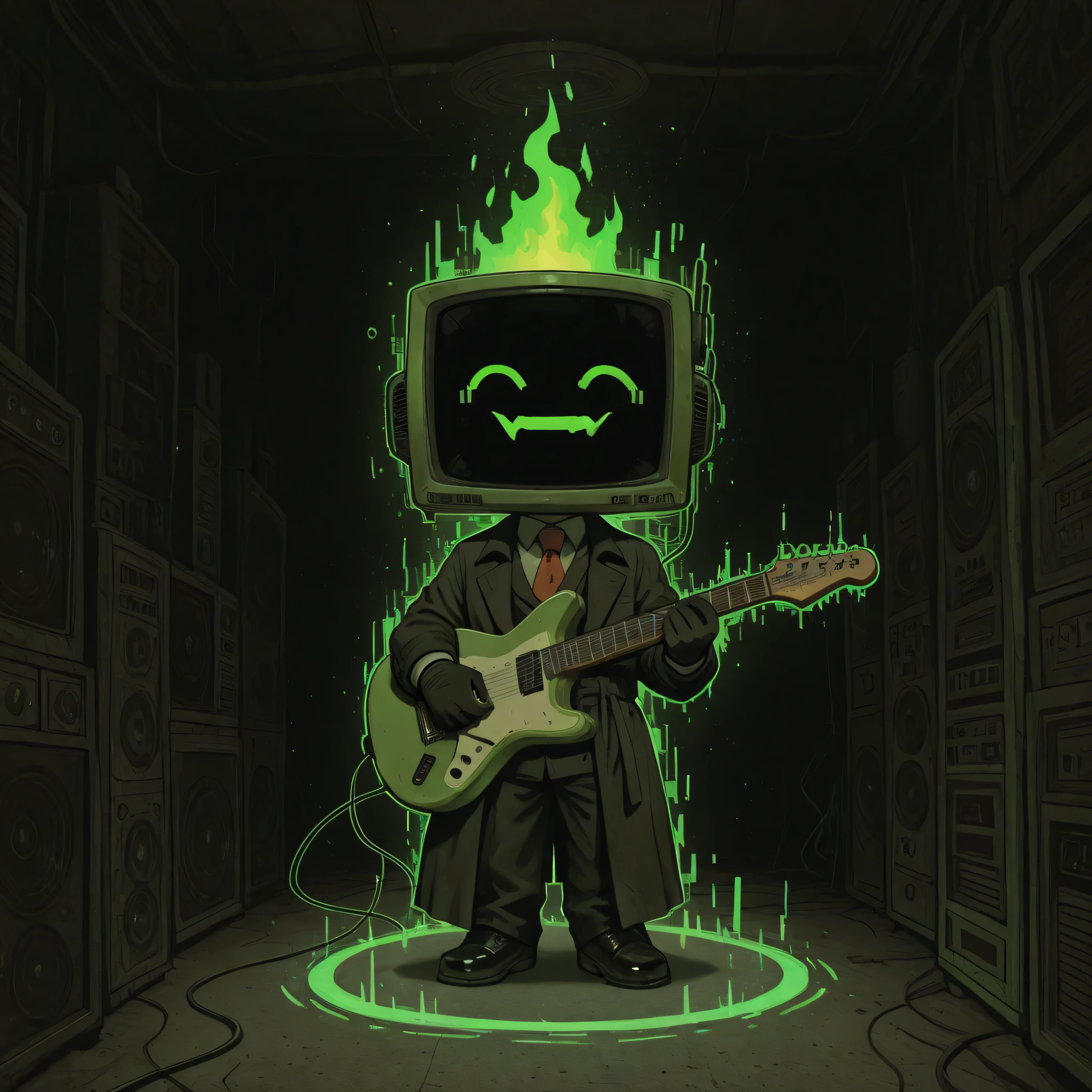 [The Horror Radio], (masterpiece, best quality:1.2), (high detail, sharp lighting), 
solo, 1boy, craze_face, radio_head, vintage television face, glowing circle eyes, glitch_face, (playing and holding a electric_guitar green_aura:1.2), chibi, blue digital distortion, green pixel fragments, static effects, green lights inside screen, robot_skin black, long trench coat blowing backward, suit, red tie, black gloves, (floating), closed_eyes, 

dark electronic horror theme, cinematic tension, high BPM energy, 
glitch streaks, digital noise particles, neon reflections on floor,
spotlight from above, shadow under feet, foggy background, studio room, 
dark alley ambience, radio-static aura, thriller chase tone,

(clean composition), (album cover framing:1.1).
