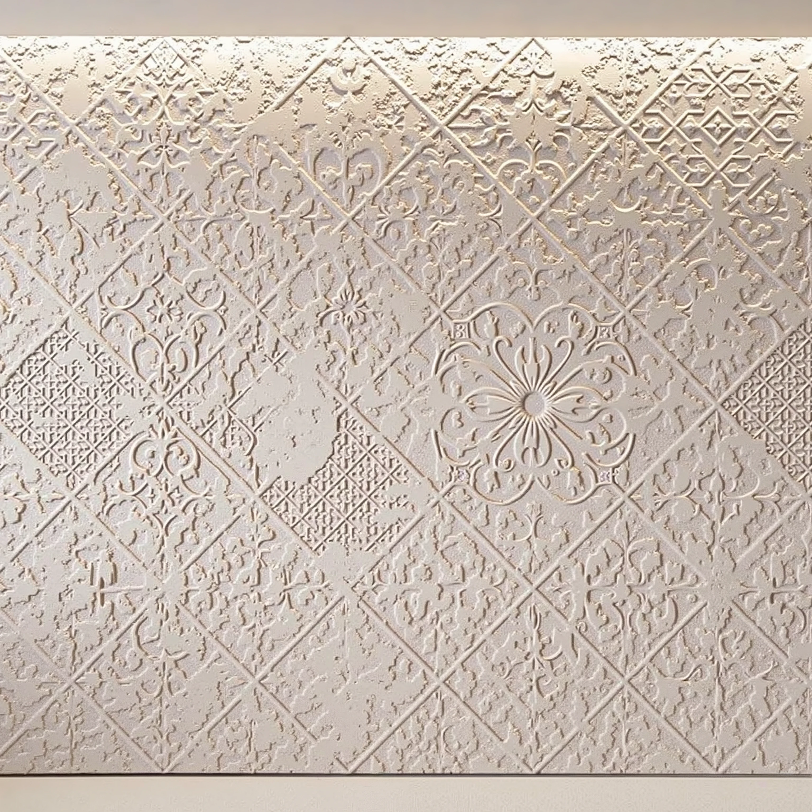 Gypsum ornament with oriental motifs, slightly worn plaster, diamond ornament, uniform lighting, light milky.