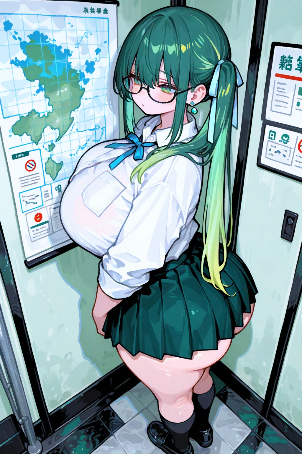 One Woman、Braided twin tails、Huge breasts、（Huge ：1.8)、Glasses、blue eyes、Green Hair、underwear,underwearが見えている,Tバックのunderwear,String Panties,Pubic hair sticking out，Pubic hair sticking out，The  are erect,Nipples are ， close your eyes, Tears in the eyes、Open your mouth, What saliva leaves behind, Wet skirt hem, Sticky panties, Bulging of the  cord,  with Garters, Subway car interior background, In a crowded crowd,
