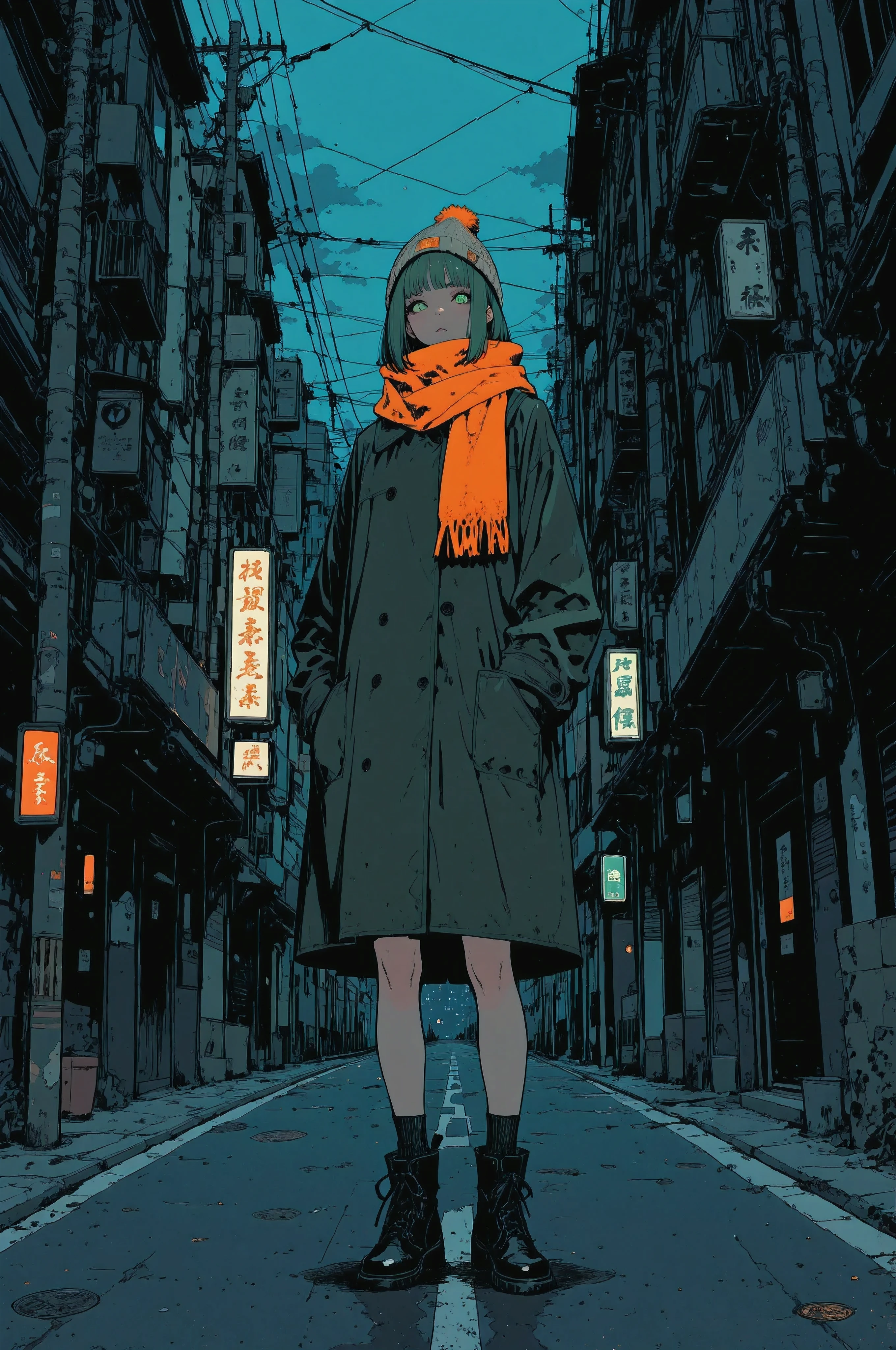 傑作、最高品質、アニメスタイル, A full-body, low-angle portrait of a young woman standing on a city street in what appears to be Japan. The woman, who appears to be in her early 20s, has fair skin and dark, straight hair cut in a short bob that frames her face. She is wearing a bulky, olive green, mid-calf length coat and black leather ankle boots. A vibrant orange turtleneck or thick scarf is visible beneath the coat, and she wears a bright yellow knit beanie. She is standing with her right foot slightly forward and her hands are not visible, likely in the coat pockets. She is looking directly at the camera with a neutral expression.She is positioned on the edge of the sidewalk, next to a paved street that recedes into the background. The setting is an urban street scene with multiple-story buildings lining both sides of the street. The buildings have varying architectural styles; some are modern and some appear older with awnings and signs. On the right, a building features a large vertical sign with Japanese characters in white on a black background. Overhead, a dense network of electrical wires and utility poles crisscrosses the frame, characteristic of Japanese cityscapes. A white van is parked on the street in the distance on the left. The sky is visible above the buildings, showing a mix of blue sky and white, scattered clouds. The lighting suggests daytime and an overcast or cool temperature.