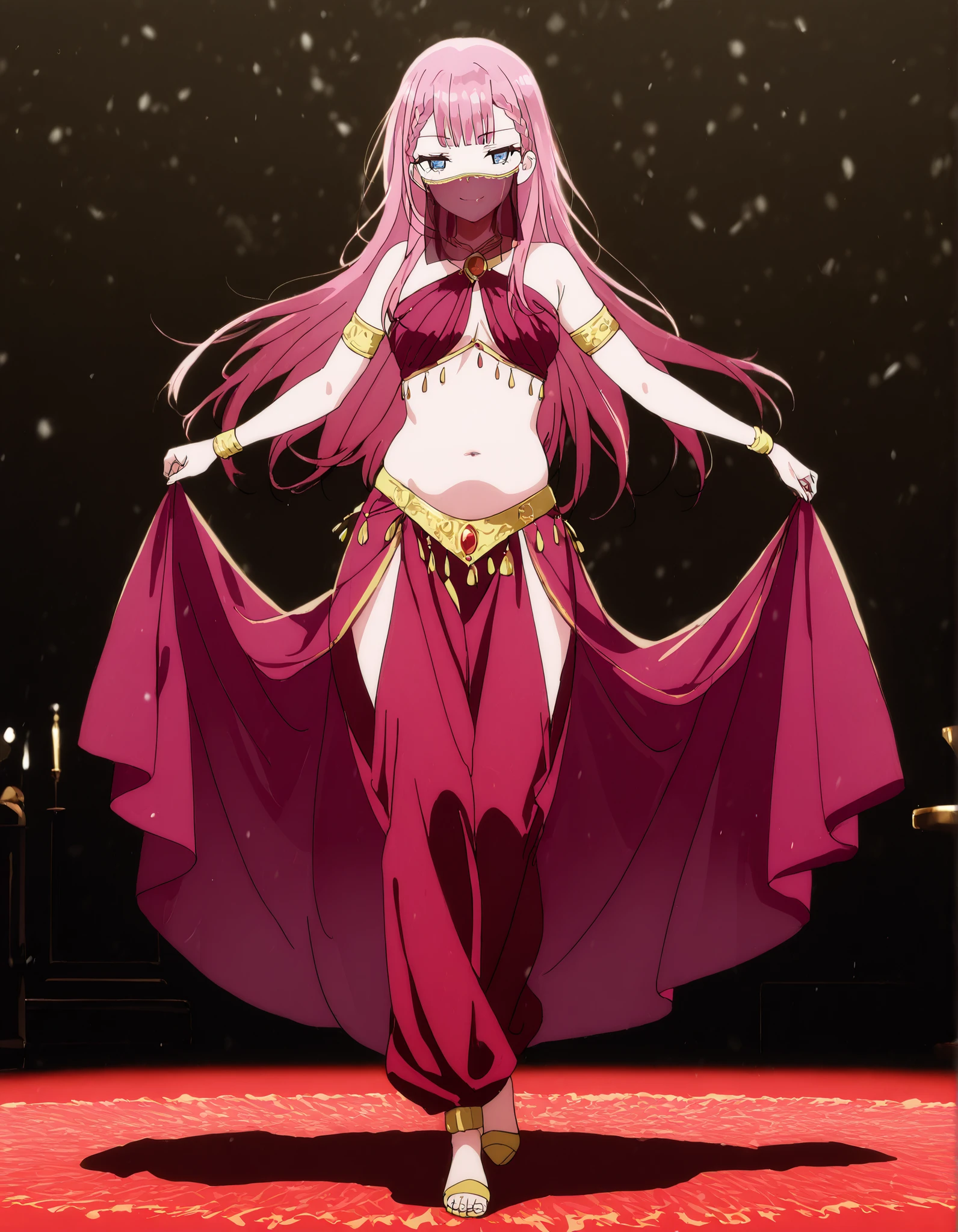 (1girl:1 . 5) , (Seul:1 . 5) , score_9 , score_8_haut , score_7_haut , source_anime , Official work  , ultra-detailed , masterpiece , best quality , high resolution , beaux yeux , detailed eyes , Detailed face , beautiful detailed eyes,1girl,blue eyes, braid, long hair, twin braids, pink hair,We Never Learn,Mafuyu Kirisu,Arabian Clothes , Arabian Dancer Outfit ,belly dancer costume,belly dancer outfit ,full body,golden jewelery,mouth veil,armlet,belly dancing,arabian theater,seductive smile, dancing with veil, dynamic movement,dance posture, seductive pose