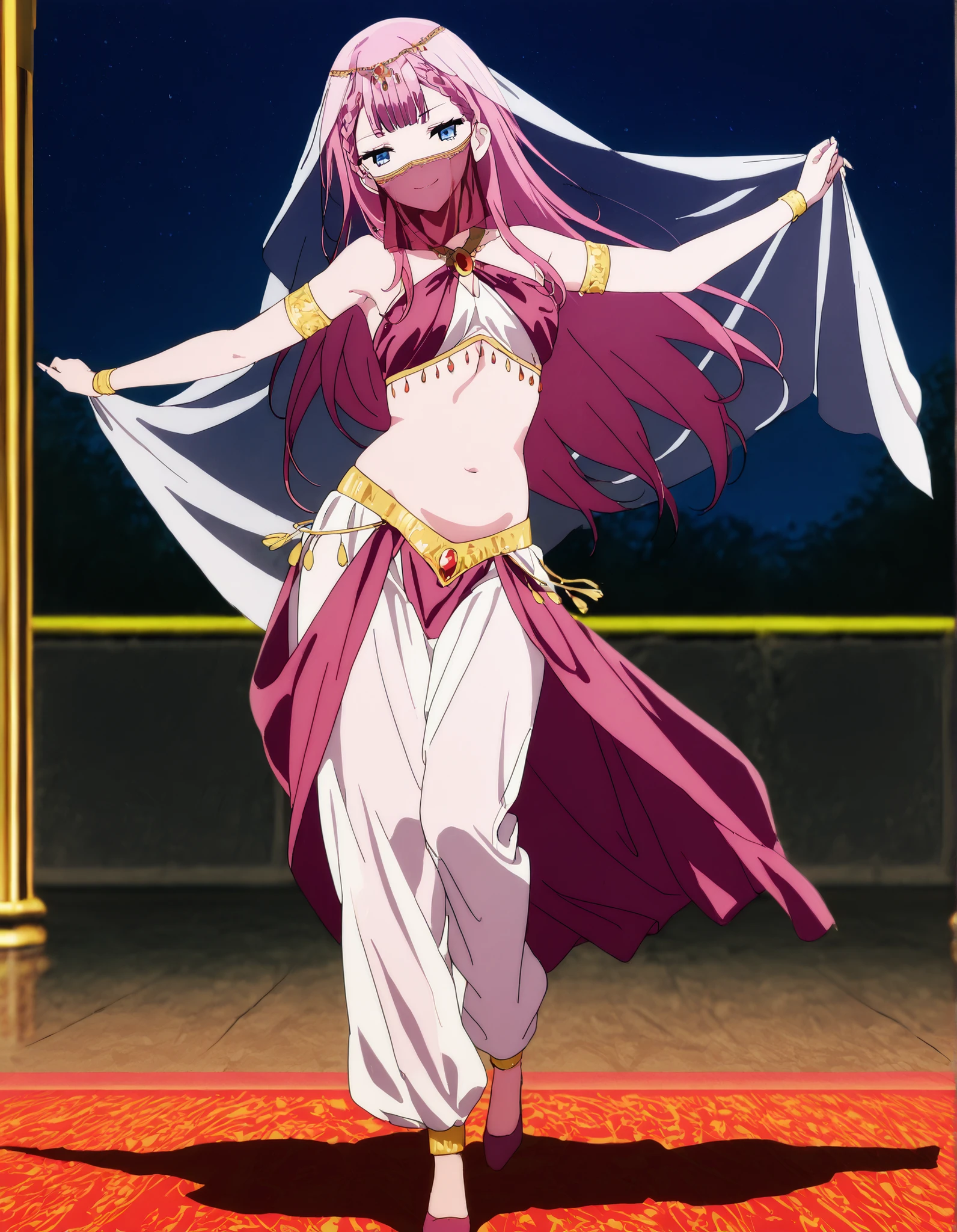 (1girl:1 . 5) , (Seul:1 . 5) , score_9 , score_8_haut , score_7_haut , source_anime , Official work  , ultra-detailed , masterpiece , best quality , high resolution , beaux yeux , detailed eyes , Detailed face , beautiful detailed eyes,1girl,blue eyes, braid, long hair, twin braids, pink hair,We Never Learn,Mafuyu Kirisu,Arabian Clothes , Arabian Dancer Outfit ,belly dancer costume,belly dancer outfit ,full body,golden jewelery,mouth veil,armlet,belly dancing,night,arabian garden,seductive smile, dancing with veil, dynamic movement,dance posture, seductive pose