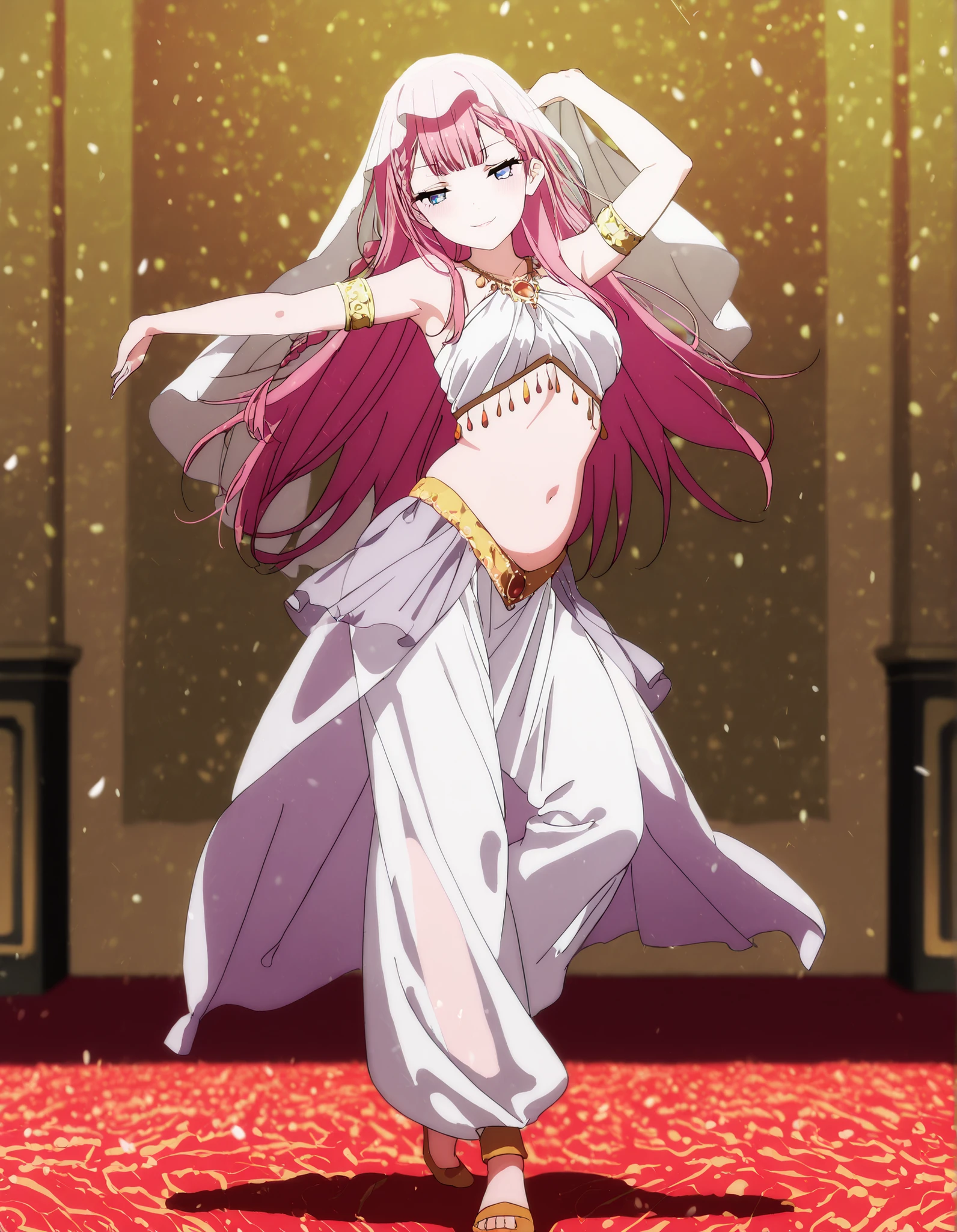 (1girl:1 . 5) , (Seul:1 . 5) , score_9 , score_8_haut , score_7_haut , source_anime , Official work  , ultra-detailed , masterpiece , best quality , high resolution , beaux yeux , detailed eyes , Detailed face , beautiful detailed eyes,1girl,blue eyes, braid, long hair, twin braids, pink hair,We Never Learn,Mafuyu Kirisu,Arabian Clothes , Arabian Dancer Outfit ,belly dancer costume,belly dancer outfit ,full body,golden jewelery,armlet,belly dancing,arabian garden,seductive smile, dancing with veil, dynamic movement,dance posture, seductive pose