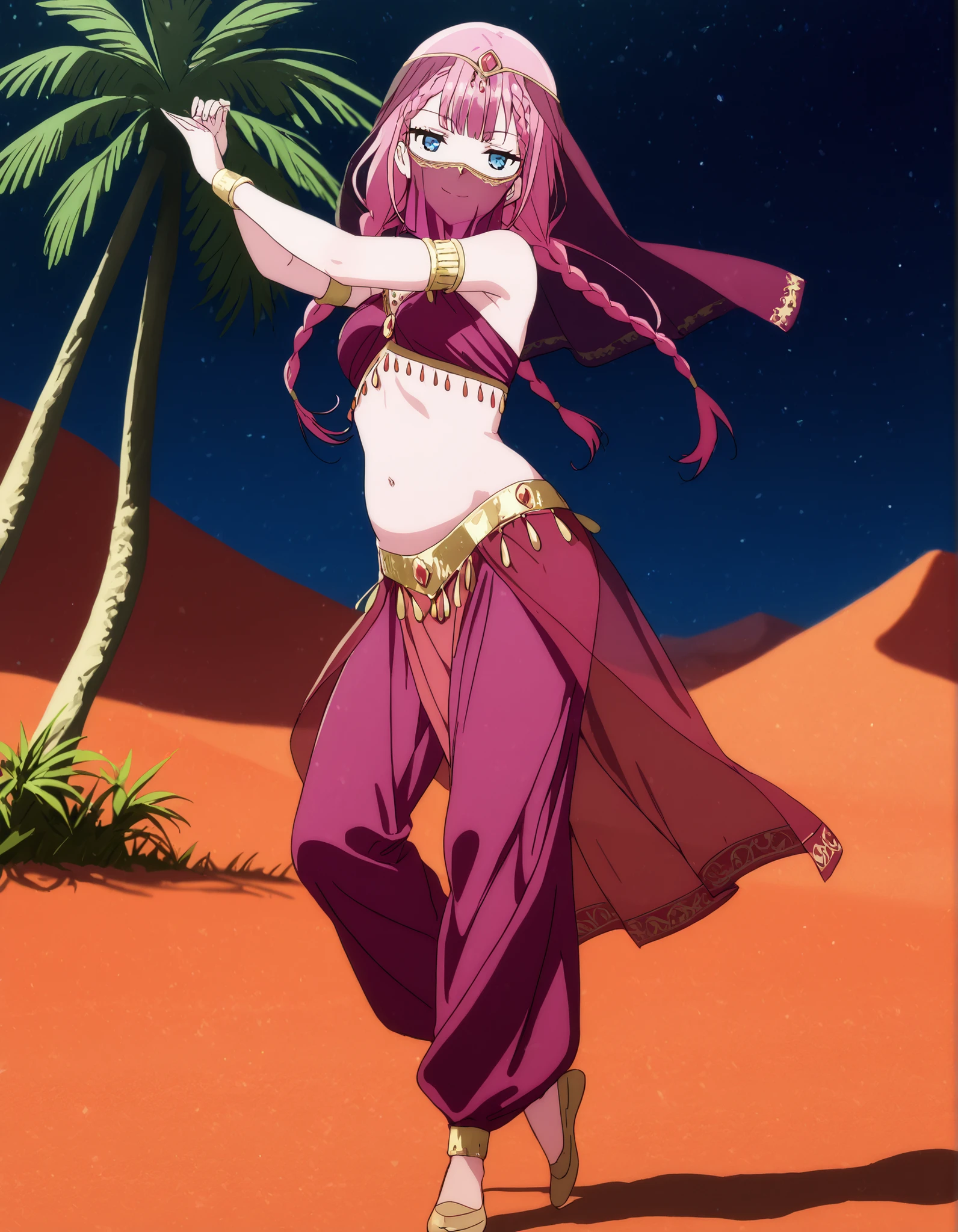 (1girl:1 . 5) , (Seul:1 . 5) , score_9 , score_8_haut , score_7_haut , source_anime , Official work  , ultra-detailed , masterpiece , best quality , high resolution , beaux yeux , detailed eyes , Detailed face , beautiful detailed eyes,<lora:Mafuyu-Kirisu-s2-ponyxl-lora-nochekaiser:1>, 1girl,blue eyes, braid, long hair, twin braids, pink hair,We Never Learn,Mafuyu Kirisu,Arabian Clothes , Arabian Dancer Outfit ,belly dancer costume,belly dancer outfit ,full body,golden jewelery,mouth veil,armlet,belly dancing,night,desert lands,palm tree,seductive smile, dancing with veil, dynamic movement,dance posture, seductive pose