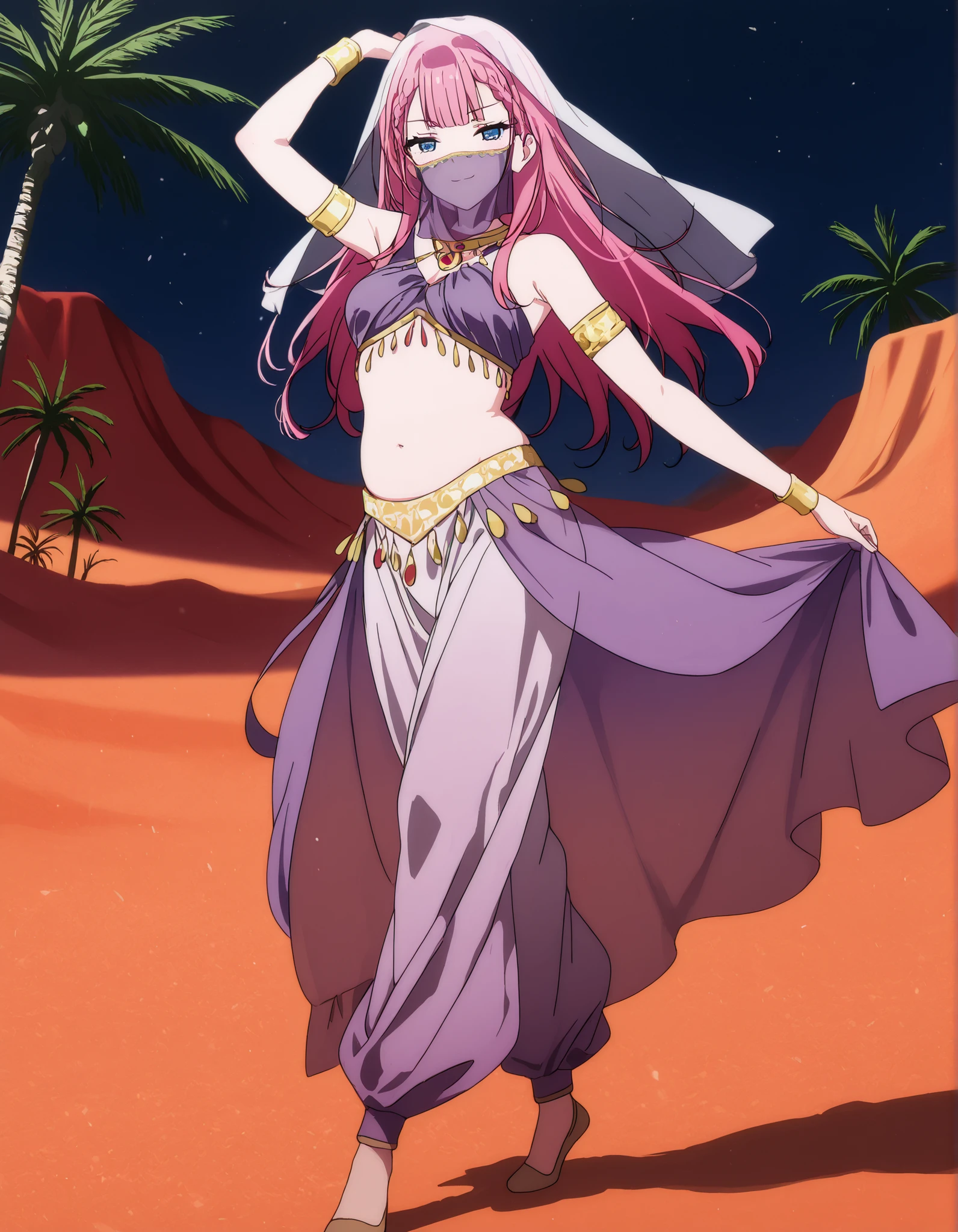 (1girl:1 . 5) , (Seul:1 . 5) , score_9 , score_8_haut , score_7_haut , source_anime , Official work  , ultra-detailed , masterpiece , best quality , high resolution , beaux yeux , detailed eyes , Detailed face , beautiful detailed eyes,<lora:Mafuyu-Kirisu-s2-ponyxl-lora-nochekaiser:1>, 1girl,blue eyes, braid, long hair, twin braids, pink hair,We Never Learn,Mafuyu Kirisu,Arabian Clothes , Arabian Dancer Outfit ,belly dancer costume,belly dancer outfit ,full body,golden jewelery,mouth veil,armlet,belly dancing,night,desert lands,palm tree,seductive smile, dancing with veil, dynamic movement,dance posture, seductive pose