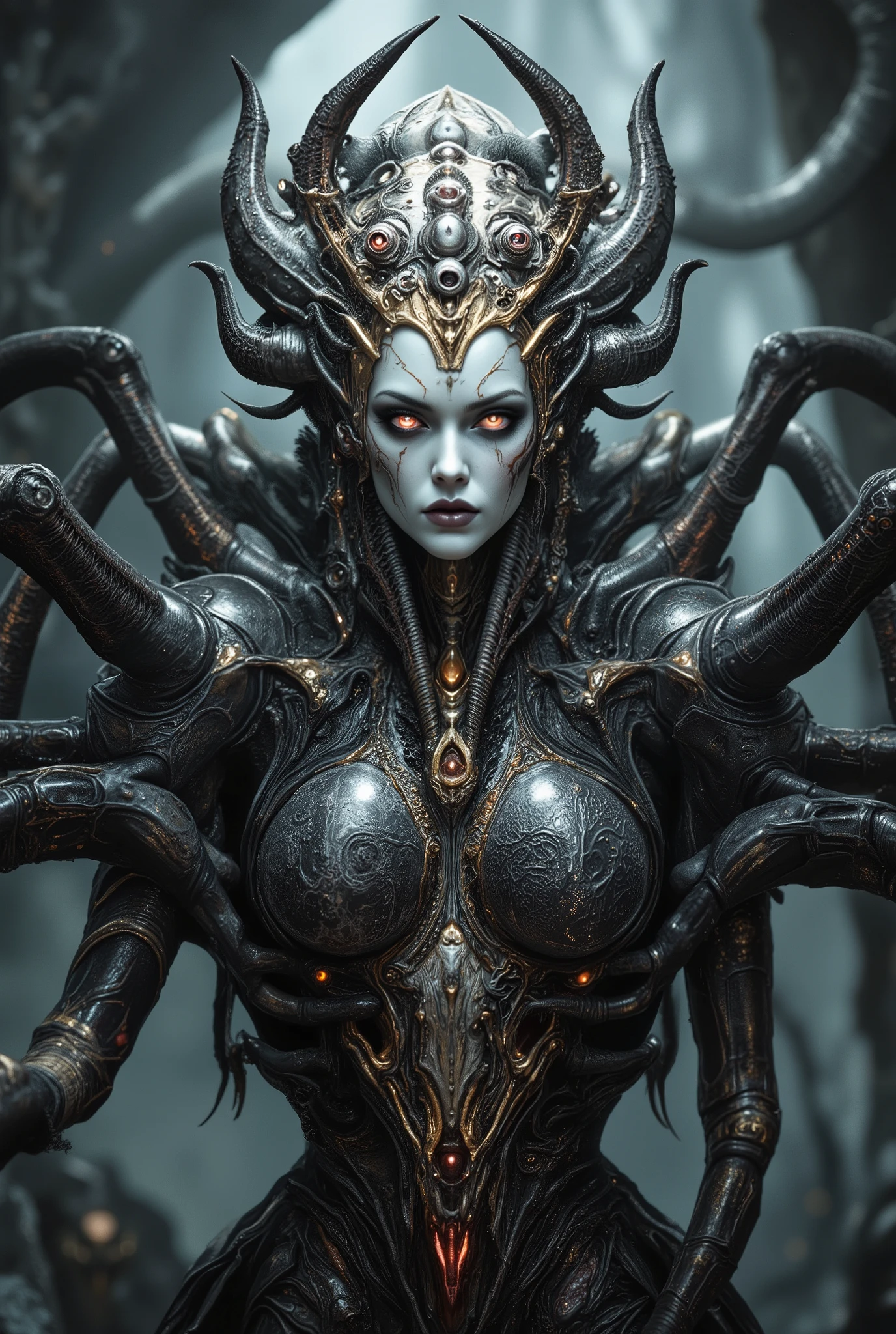"realistic spider queen, female humanoid upper body fused with monstrous spider legs, dark chitin armor, bioluminescent red eyes, multiple eyes on forehead, pearl white and golden and crimson tones, highly detailed organic textures, sinister expression, fantasy horror setting, dramatic studio lighting, ultra-realistic, 8k, digital art"