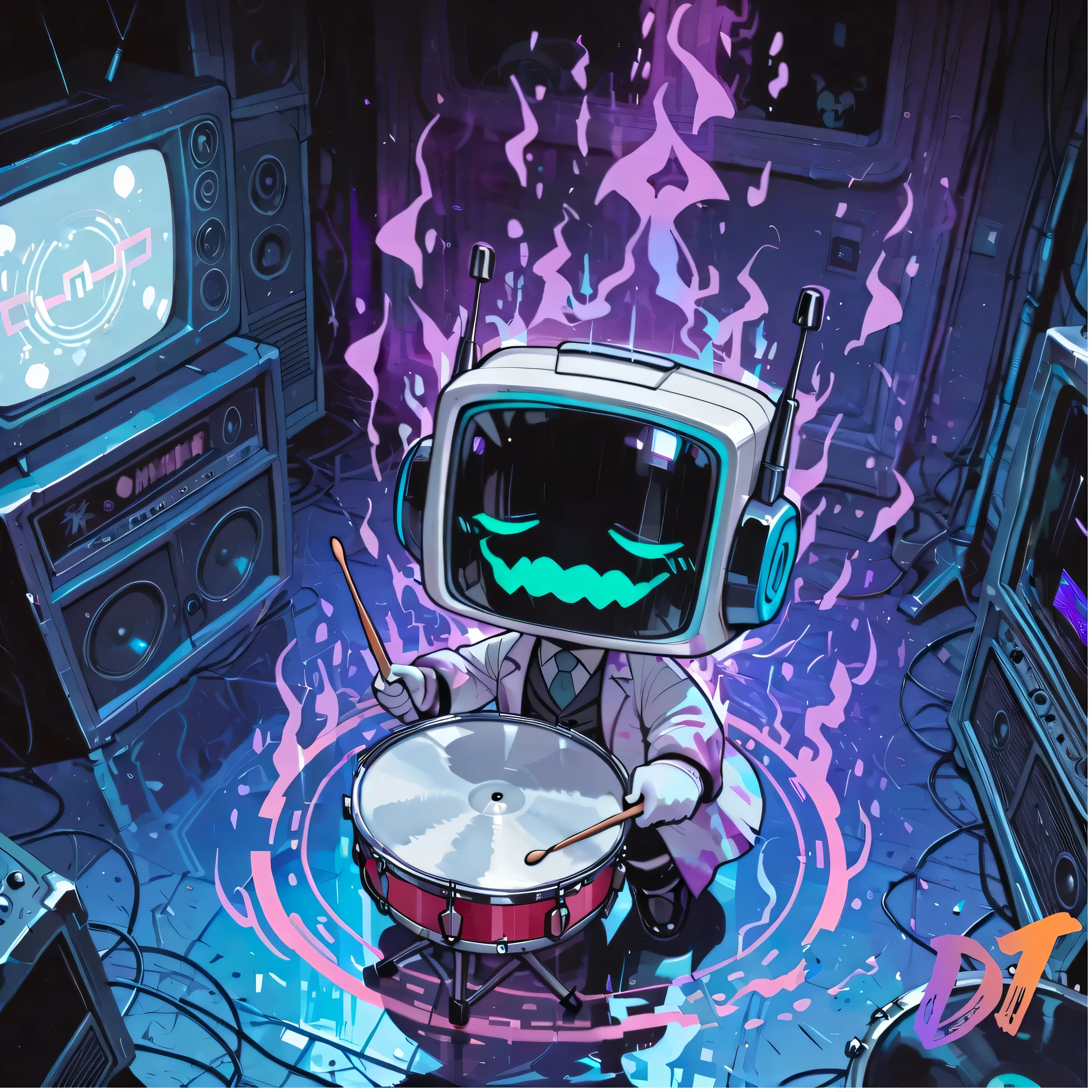[KuroRadio] [Drummer] [Model-Test] [Signature], (masterpiece, best quality:1.2), (high detail, sharp lighting), solo, 1boy, craze_face, radio_head, vintage television face, glowing circle eyes, glitch_face, (playing drums, holding drum_sticks:1.2), chibi, (purple aura:1.6), blue digital distortion, blue pixel fragments, static effects, pink lights inside screen, robot_skin black, white lab_coat blowing backward, white lab_suit, white gloves, (floating), closed_eyes, dark electronic horror theme, cinematic tension, high BPM energy, glitch streaks, digital noise particles, neon reflections on floor, spotlight from above, shadow under feet, foggy background, dark alley ambience, blue radio-static aura, thriller chase tone, (clean composition), (album cover framing:1.1).