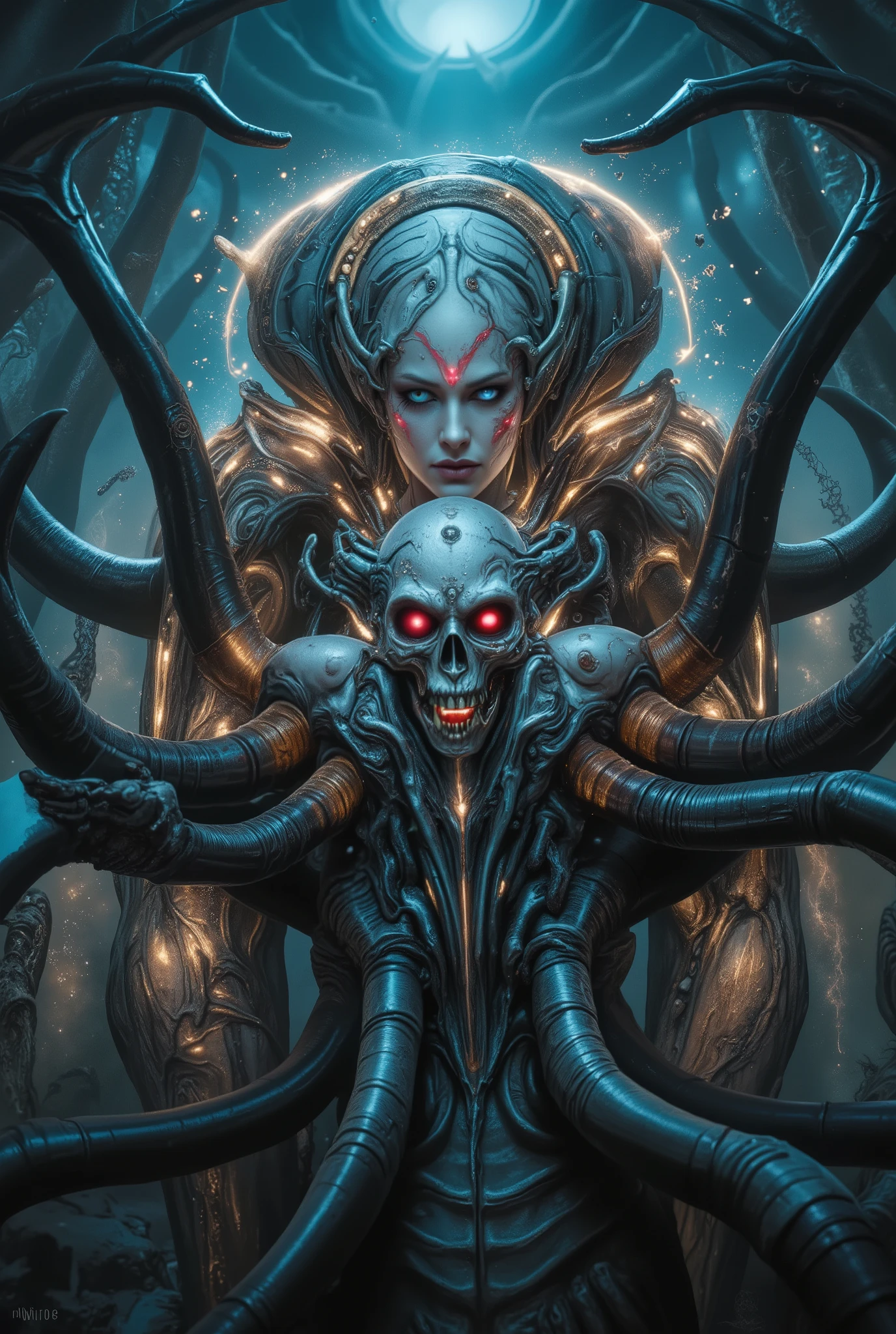 "realistic spider queen, female humanoid upper body fused with monstrous spider legs, dark chitin armor, bioluminescent red eyes, multiple eyes on forehead, pearl white and golden and crimson tones, highly detailed organic textures, sinister expression, fantasy horror setting, dramatic studio lighting, ultra-realistic, 8k, digital art, blue and golden aura,