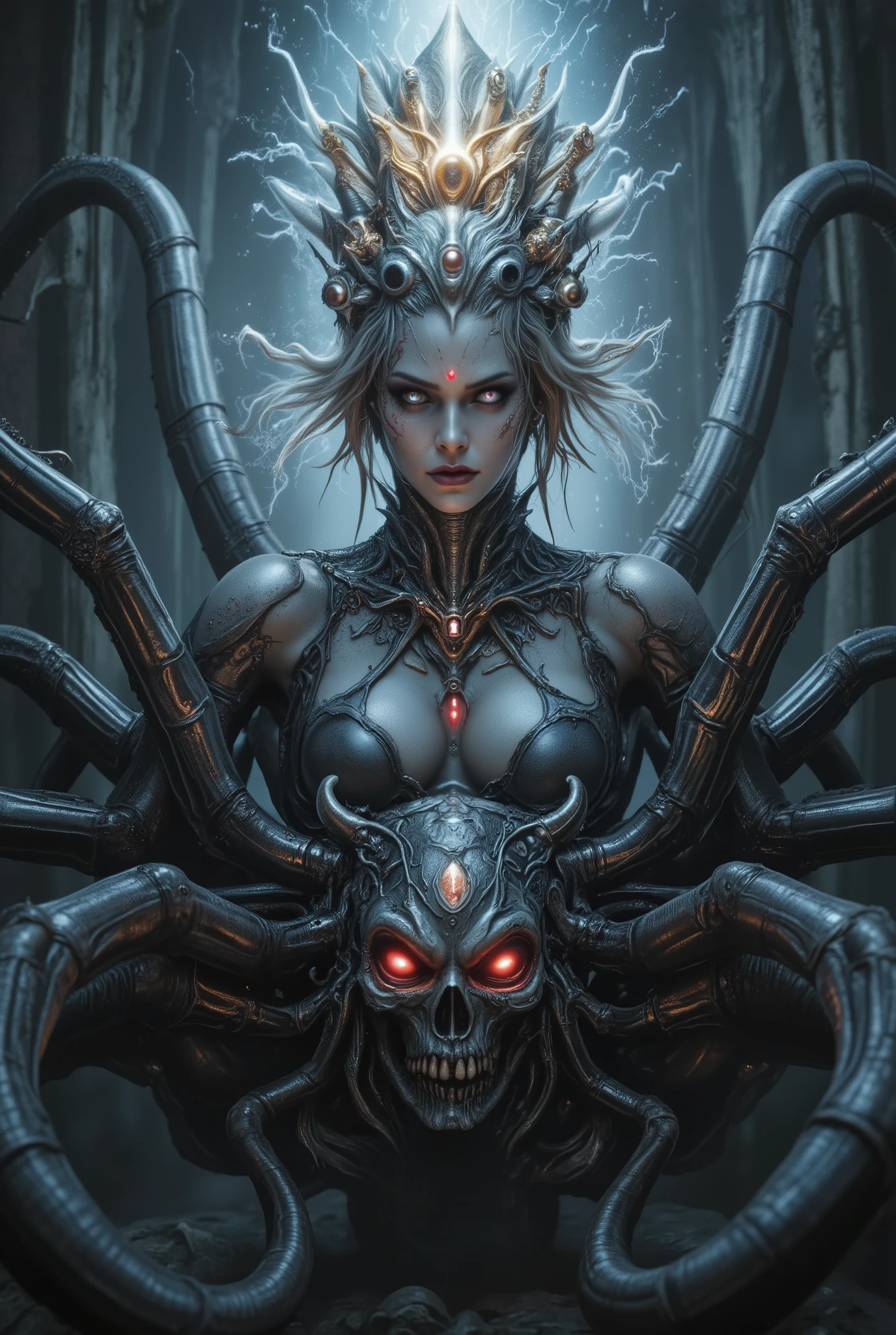 "realistic spider queen, female humanoid upper body fused with monstrous spider legs, dark chitin armor, bioluminescent red eyes, multiple eyes on forehead, pearl white and golden and crimson tones, highly detailed organic textures, sinister expression, fantasy horror setting, dramatic studio lighting, ultra-realistic, 8k, digital art, blue and golden aura,
