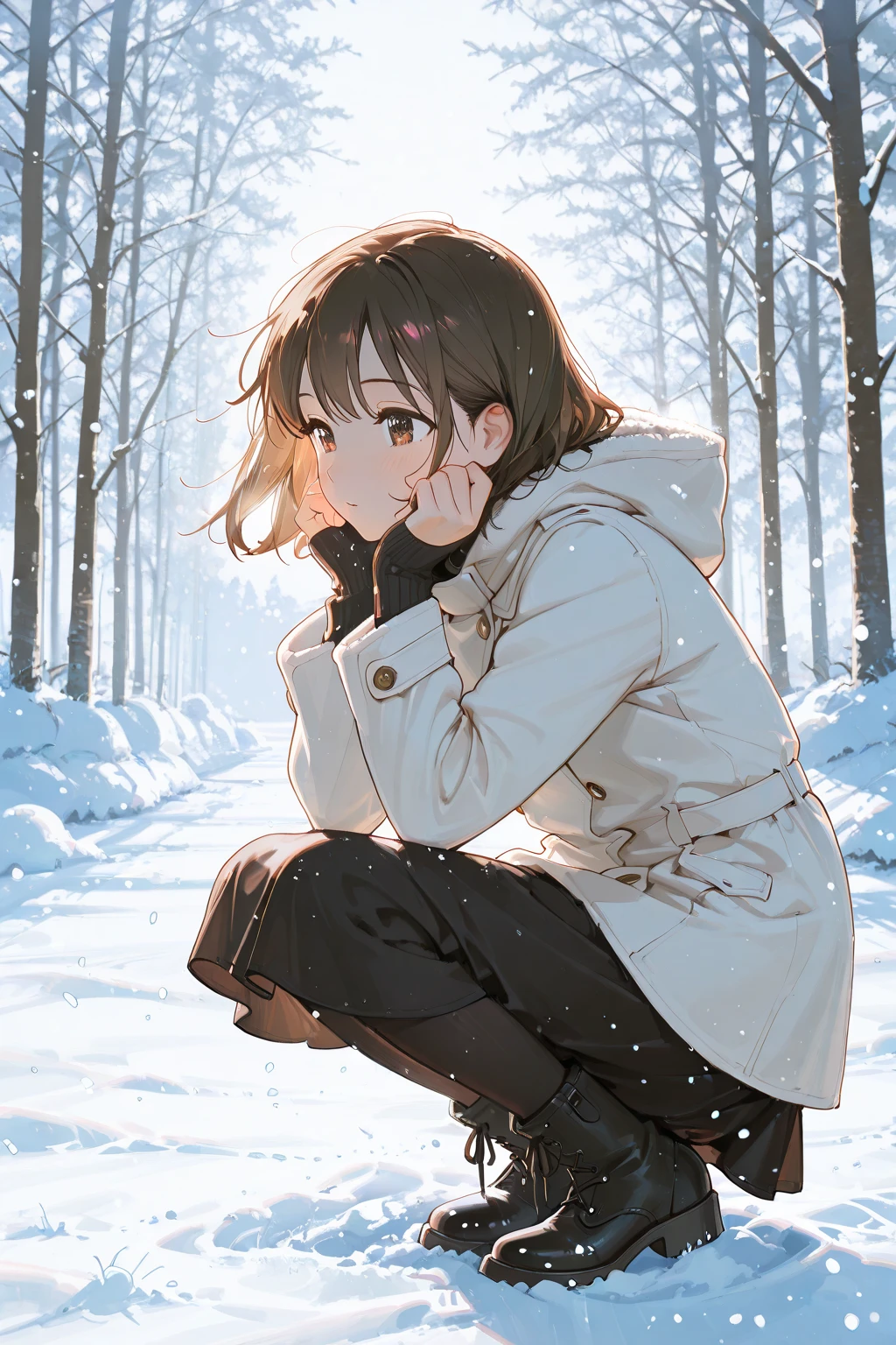 yuihirasawa, Yui Hirasawa, short hair, Brown Hair, hair ornaments, (Brown eyes:1.5), Hair Clip、smile,smile,blush,White Breath,
Open your mouth,snow,Ground bonfire,, Outdoor, boots, snowing, From the side, wood, suitcase, Cape, Blurred, , forest, White handbag, nature,  Squat, Mouth closed, Cape, winter, Written boundary depth, Black shoes, red Cape break looking at viewer, Upper Body, whole body, break Outdoor, forest, nature, break (masterpiece:1.2), Highest quality, High resolution, unity 8k wallpaper, (shape:0.8), (Beautiful and beautiful eyes:1.6), Highly detailed face, Perfect lighting, Extremely detailed CG, (Perfect hands, Perfect ),