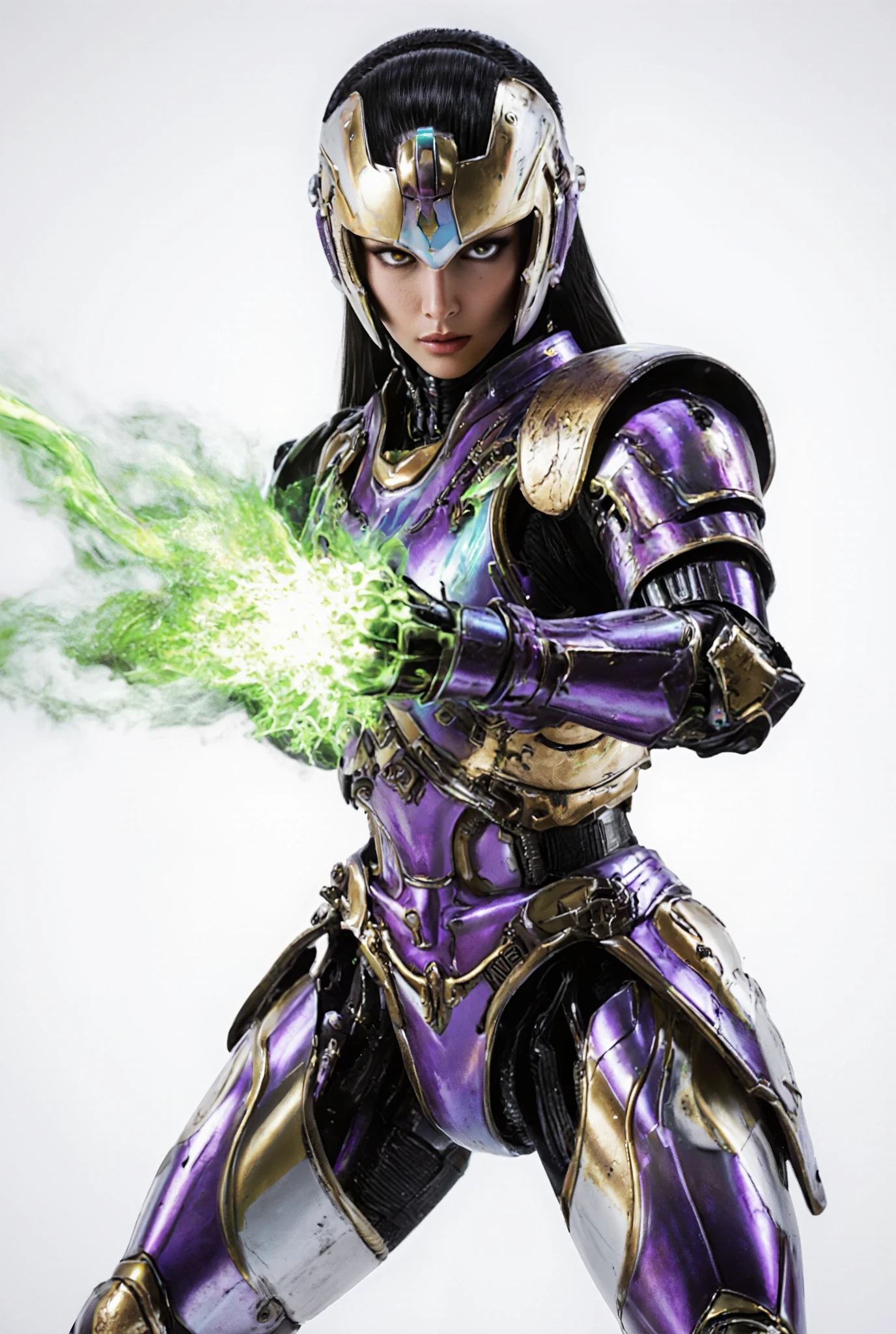 Masterpiece:1.2), best quality, high resolution, Unity 8K Wallpaper, (super real illustration:1.0), Beautiful Details, very detailed on trends, perfect lighting, neon colored, very detailed on trends CG, Shine eyes, backlit, armor, Shine, full_armor, warframe, stunning humanoid_robot lady, tall, (Martial arts fighting pose:1.5),  mask ,sample_background, arms, scary monsters, iridescent purple and shiny golden and matt white_armor, Audience, alone, perspective, Anatomical accuracy, bold composition, cool fighting pose, Burning Fist, green fire, Exudes an aura