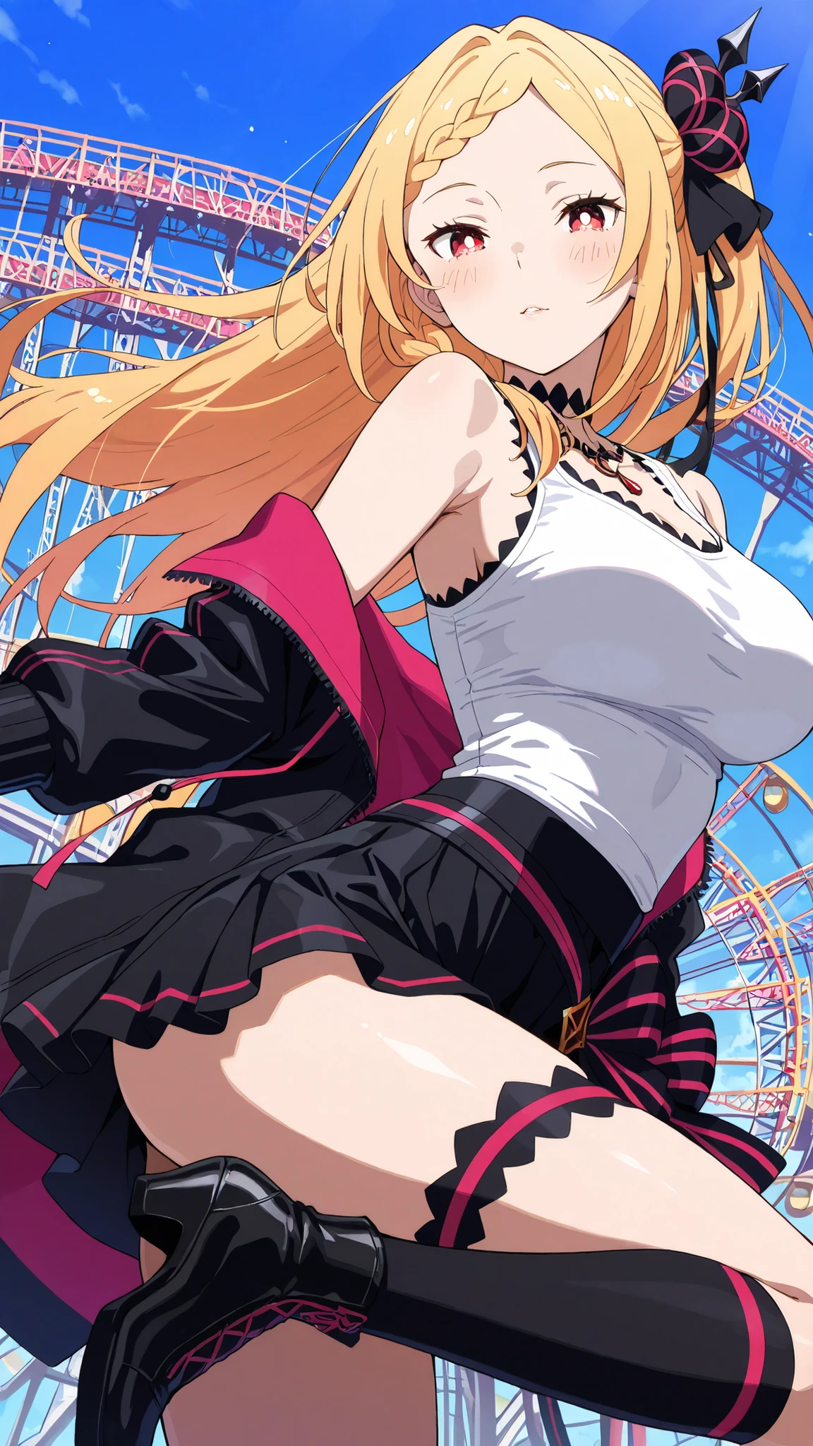 BREAK (masterpiece:1.2), best quality, high resolution,8k wallpaper, (illustration:0.8), (beautiful detailed eyes:1.6),Realistic anime nighttime park with a massive roller coaster looping through the dark, rails lined with vibrant shifting neon, spinning ride lights casting reflections on metal surfaces, deep blue sky above, completely empty,priscilla barielle, long hair, blonde hair, red eyes, braid, single braid, braided bangs, one side up, large breasts, bright pupils, white pupils,tight tank top under open jacket, asymmetrical mini skirt, high knee socks,cowboy shot,looking at viewer,smooth legs, gentle curves,high realism,arched back,flirty face,blush