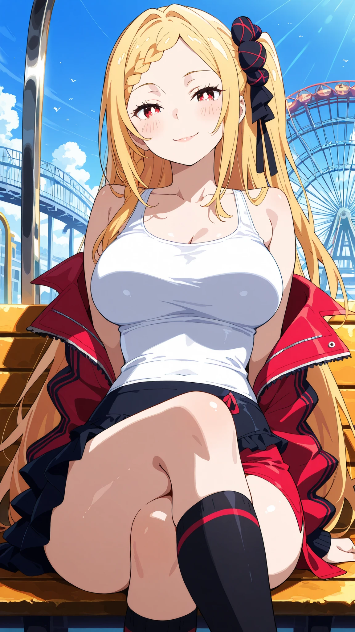 BREAK (masterpiece:1.2), best quality, high resolution,8k wallpaper, (illustration:0.8), (beautiful detailed eyes:1.6),Realistic anime nighttime park with a massive roller coaster looping through the dark, rails lined with vibrant shifting neon, spinning ride lights casting reflections on metal surfaces, deep blue sky above, completely empty,priscilla barielle, long hair, blonde hair, red eyes, braid, single braid, braided bangs, one side up, large breasts, bright pupils, white pupils,tight tank top under open jacket, asymmetrical mini skirt, high knee socks,cowboy shot,looking at viewer,smooth legs, gentle curves,high realism,sitting gracefully, seductive pose, crossed legs, slightly arched back, soft gaze, high detail, 4k illustration,sitting on bench,side shot,flirty face,blush,smile,closed eyes,