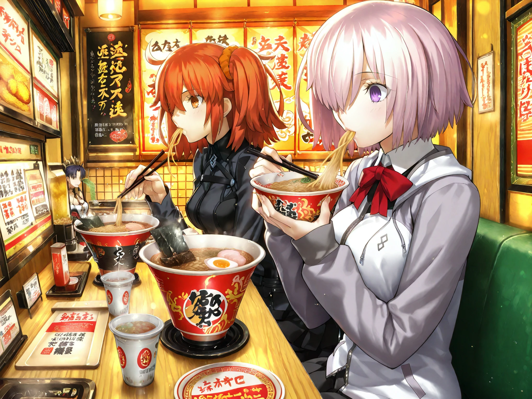 (masterpiece1.1), (Highest Quality), (Super Detailed), (FateGrand Order style1.2), (Thickly painted anime style),
(anime style1.25), takeuchi takashi, (3girls1.3), ((Fate Grand Order)),
(personA: fujimaru ritsuka (female), aaritsuka:1.3),
(personB: Mash Kyrielight1.3),
(personC: Ishtar1.3),
((Taiwan ramen shop)),
((sitting at ramen shop counter)),
((each girl eating ramen with chopsticks)),
((warm lighting, mouthwatering food focus, playful camaraderie))