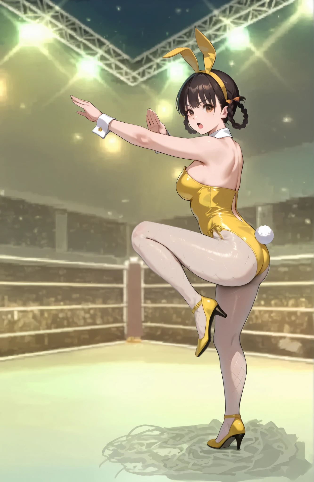 ((((Masterpiece)))), (((( top quality)))),  high definition,fine grain, detailed face ,  　,1girl,,,,, black hair, side braids, twin braids, braided hair rings, (brown eyes,,,,,,beautiful eyes:1.0),  bangs,slender,,,,,,,, leifan, ,,,cleavage,,,,yellow bunnygirl suit, sleeveless, High Heels,,,,,( fishnet pantyhose:1.2),bow tie,cuffs,Bunny headband,,naked shoulders,,,soft brown eyeshadow, thin eyeliner, , ,, peach glossy lips,,,,,,,,, ,large Breasts,　　, ,,,,fighting stance,,serious,,,,(open mouth:1),(close eyes:0.0),,(close one eye,wink:0.0),,,,,,,(on all fours:0.0),, mai_pose_kf_1,fighting_stance, standing_on_one_leg,fighting_stance,,,, (standing on one leg,,,,, standing up straight ,,,,cross arms:1.0),,full body,,, Long legs, beautiful legs, beautiful thighs, (knees up high, back straight,arched back:1.0)