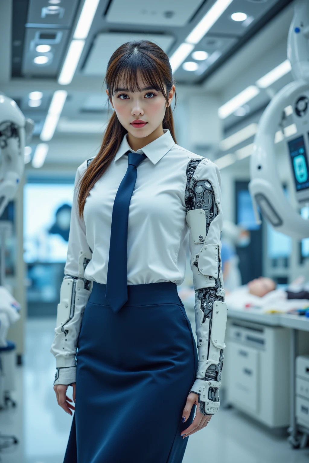 masterpiece, best quality, extremely detailed, Japaese android girl,Plump , control panels,android,Droid,Mechanical Hand, Robot arms and legs,Blunt bangs,perfect robot girl,long tube,thick cable connected her neck,android,robot,humanoid,cyborg,japanese cyborg girl ,future laboratory,robot laboratory,maintenance,connecting a cable between the legs,skirt, She is charging now,（sleep mode:1.5）（closing eyes:1.5）