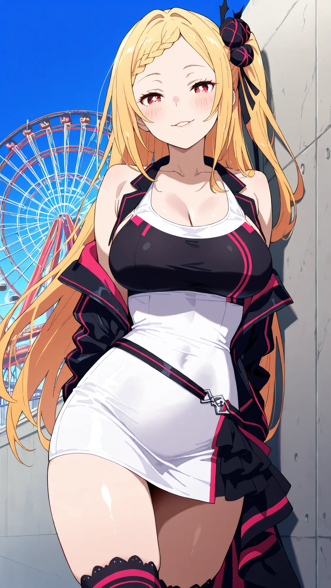 BREAK (masterpiece:1.2), best quality, high resolution,8k wallpaper, (illustration:0.8), (beautiful detailed eyes:1.6),Realistic anime nighttime park with a massive roller coaster looping through the dark, rails lined with vibrant shifting neon, spinning ride lights casting reflections on metal surfaces, deep blue sky above, completely empty,priscilla barielle, long hair, blonde hair, red eyes, braid, single braid, braided bangs, one side up, large breasts, bright pupils, white pupils,tight tank top under open jacket, asymmetrical mini skirt, high knee socks,cowboy shot,looking at viewer,smooth legs, gentle curves,high realism,standing near wall,lean back on wall,biting lips,side shot,flirty face,blush,smile,closed eyes,