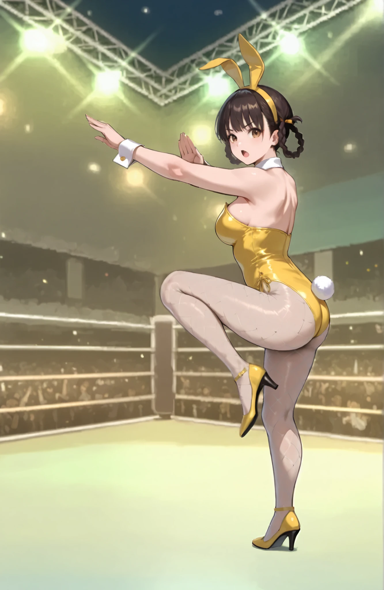 ((((Masterpiece)))), (((( top quality)))),  high definition,fine grain, detailed face ,  　,1girl,,,,, black hair, side braids, twin braids, braided hair rings, (brown eyes,,,,,,beautiful eyes:1.0),  bangs,slender,,,,,,,, leifan, ,,,cleavage,,,,yellow bunnygirl suit, sleeveless, High Heels,,,,,( fishnet pantyhose:1.2),bow tie,cuffs,Bunny headband,,naked shoulders,,,soft brown eyeshadow, thin eyeliner, , ,, peach glossy lips,,,,,,,,, ,large Breasts,　　, ,,,,fighting stance,,serious,,,,(open mouth:1),(close eyes:0.0),,(close one eye,wink:0.0),,,,,,,(on all fours:0.0),, mai_pose_kf_1,fighting_stance, standing_on_one_leg,fighting_stance,,,, (standing on one leg,,,,, standing up straight ,,,,cross arms:1.0),,full body,,, Long legs, beautiful legs, beautiful thighs, (knees up high, back straight,arched back:1.0),,,,,wrestling arena