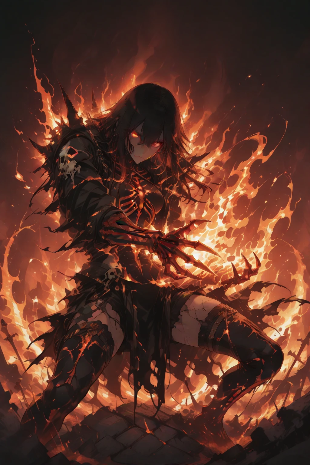 full-body shot, best quality, 4K, high resolution, masterpiece, Very detailed, Mood lighting, An undead girl in a long cape, Whole body including hands & arms & legs & feet are all skeleton bones but except the head is still beautiful human face, Wearing a ragged gothic skirt, Aloofness emotion, Dangerous sneer, Beautiful but cruel smile, Black Hair, Standing, Facing the camera, Crucified, Pitch black sky, Blood-red moon, strange atmosphere, Gothic style, Unforgettable beauty, Dramatic shadows, Ethereal Light, Mysterious atmosphere.